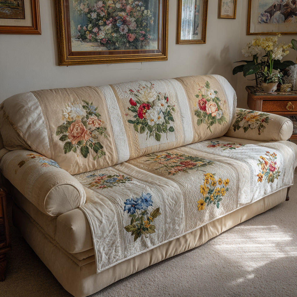 Prairie Bloom Panels Quilted Sofa Cover Simple Home Room Decor Gift For Home Decorators - Tradiviet