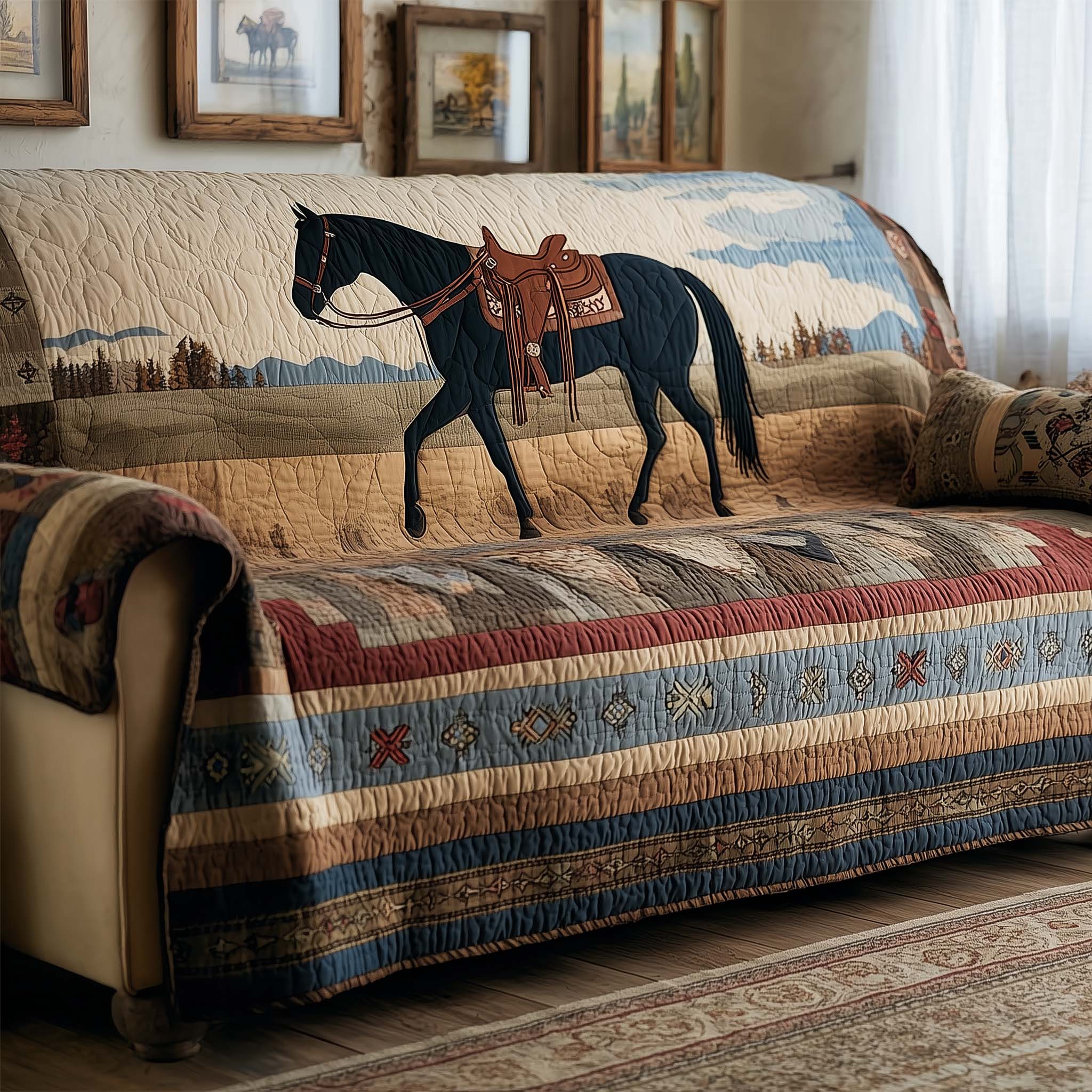 Prairie Stallion Quilted Sofa Cover Western Home Couch Cover Room Decor Gift Ideas - Tradiviet