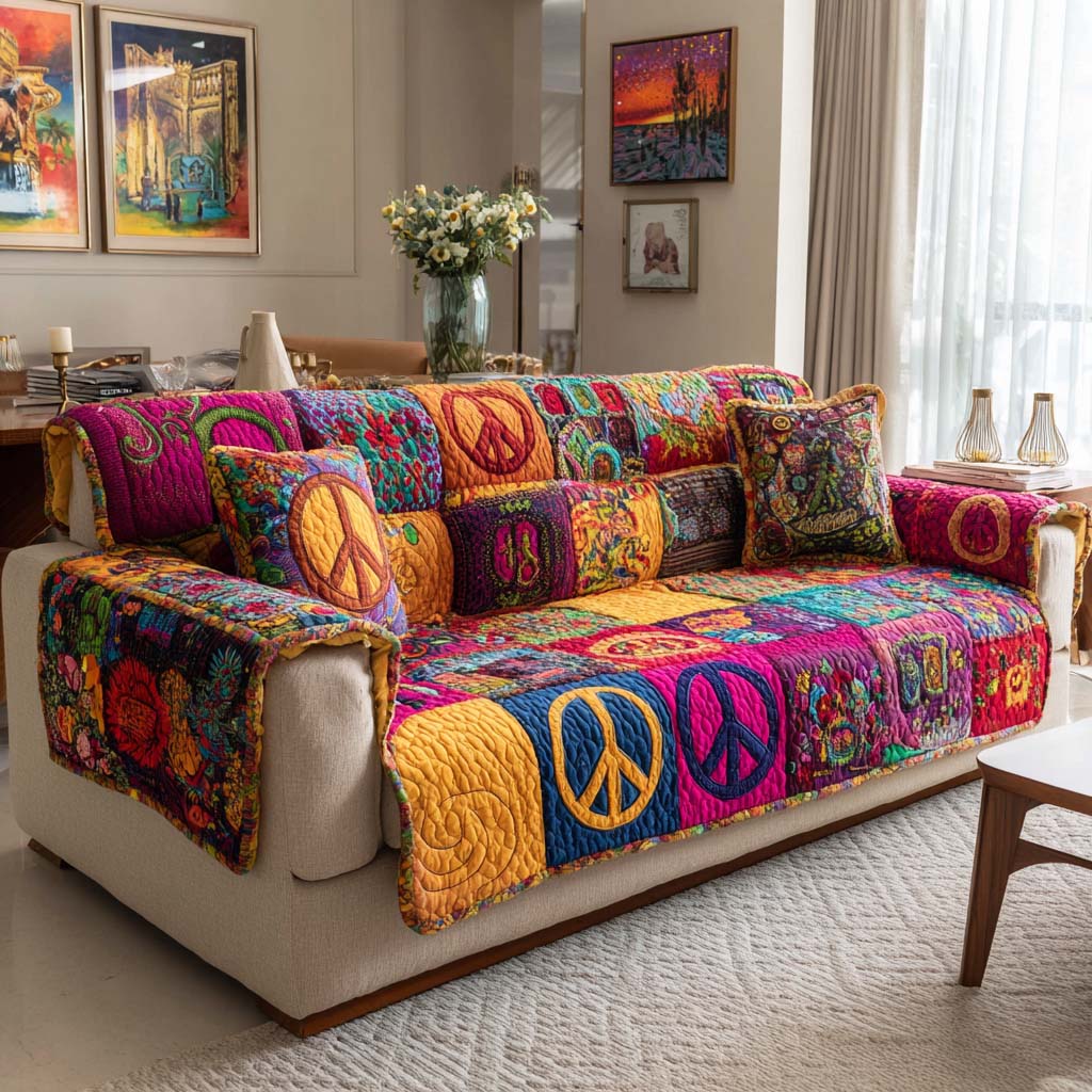 Psychedelic Peace Festival Quilted Sofa Cover Room Decor For Room Gifts For Living Rooms - Tradiviet
