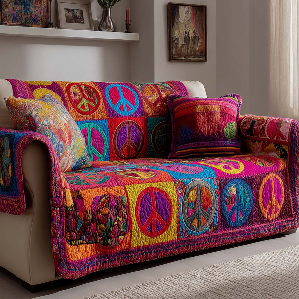 Psychedelic Peace Pop Quilted Sofa Cover Room Decor For Room Gift For House Lover - Tradiviet