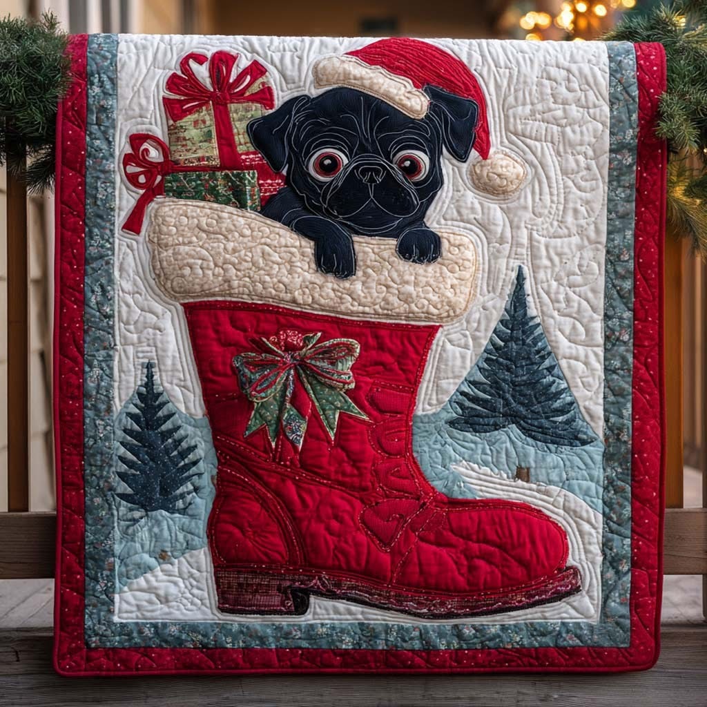 Pug In Boot Sock Christmas Quilt Blanket Holiday Xmas Decorations Pug Lover Owner Gifts - Tradiviet