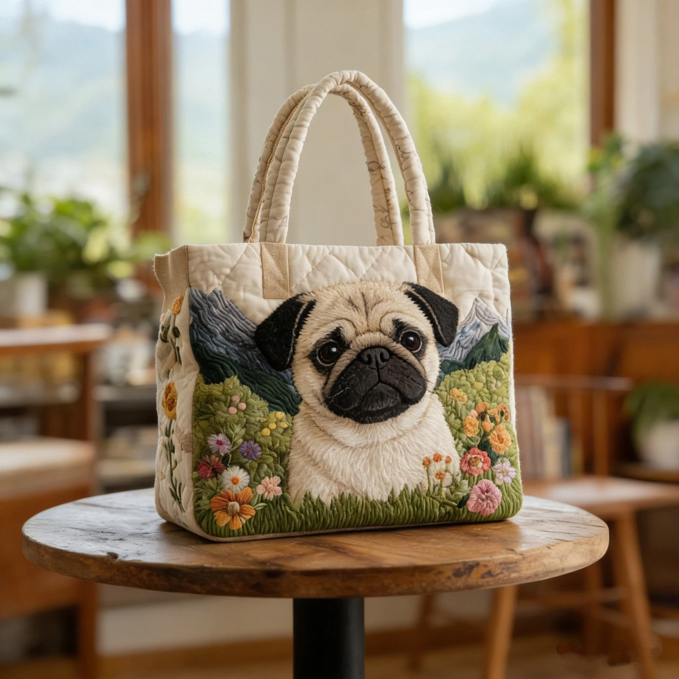 Pug Quilted Tote Bag Spring Floral Cute Dog Tote Bag Presents For Pug Lovers For Her - Tradiviet