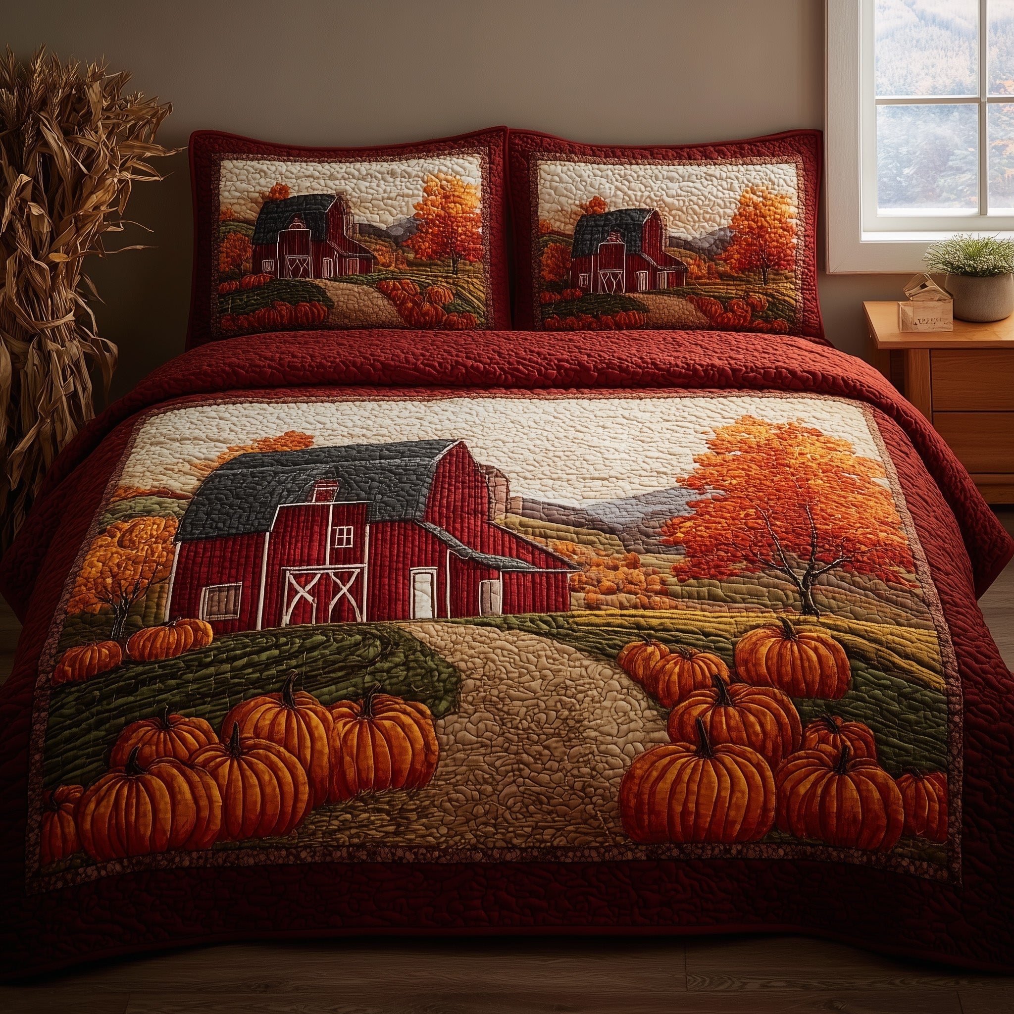 Pumpkin Barn Quilted Bedding Set Pumpkin Barn Corner Gift For Pumpkin Lovers - Tradiviet