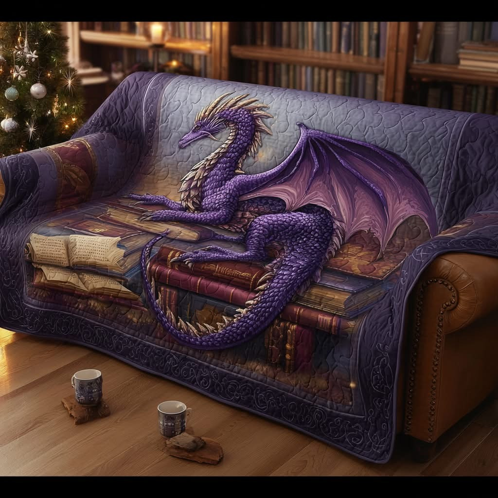 Purple Dragon Book Quilted Sofa Cover Fantasy Theme Couch Covers Christmas Gift For Book Lovers - Tradiviet