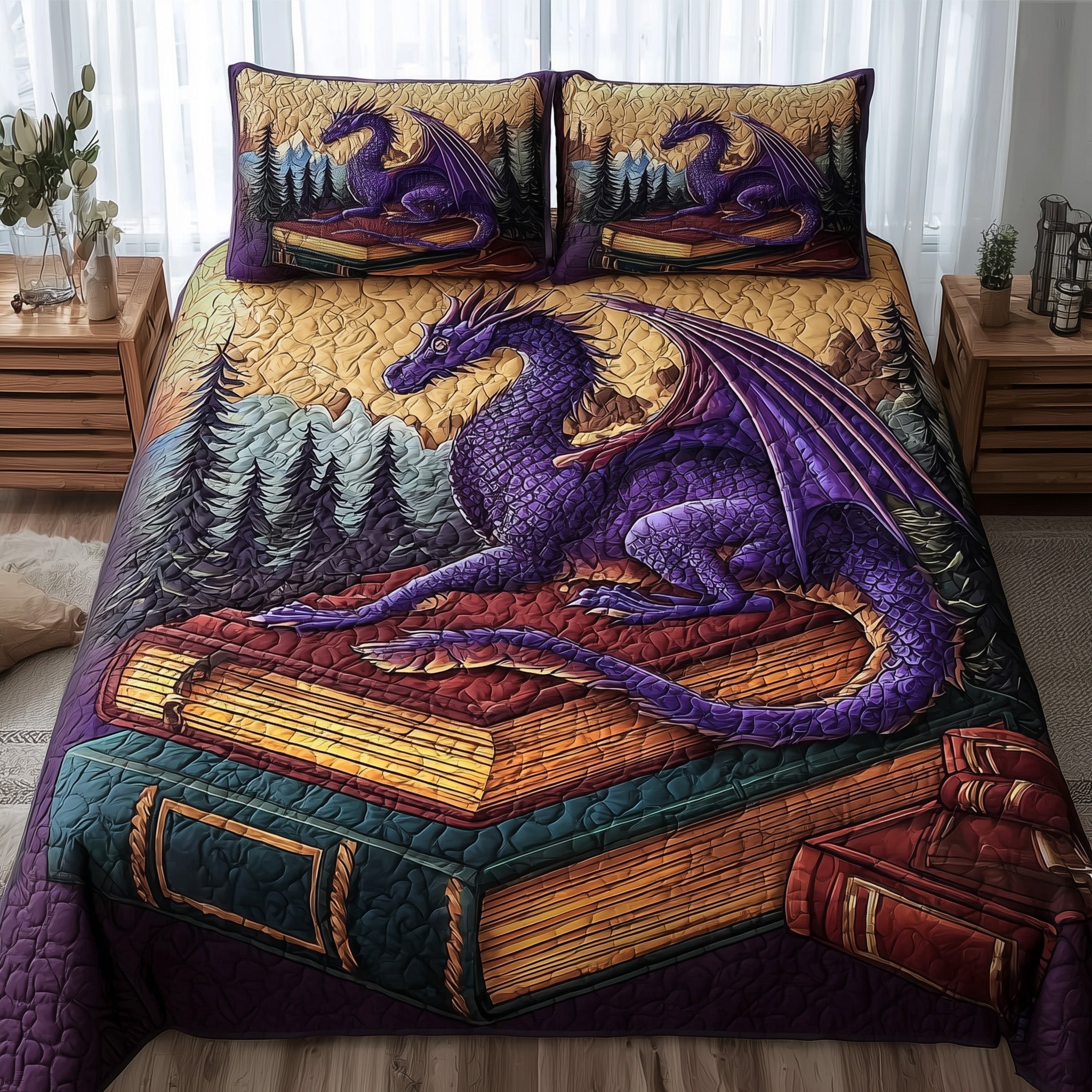 Purple Dragon Quilted Bedding Set Purple Dragon Calm Gift For Purple Dragon - Tradiviet