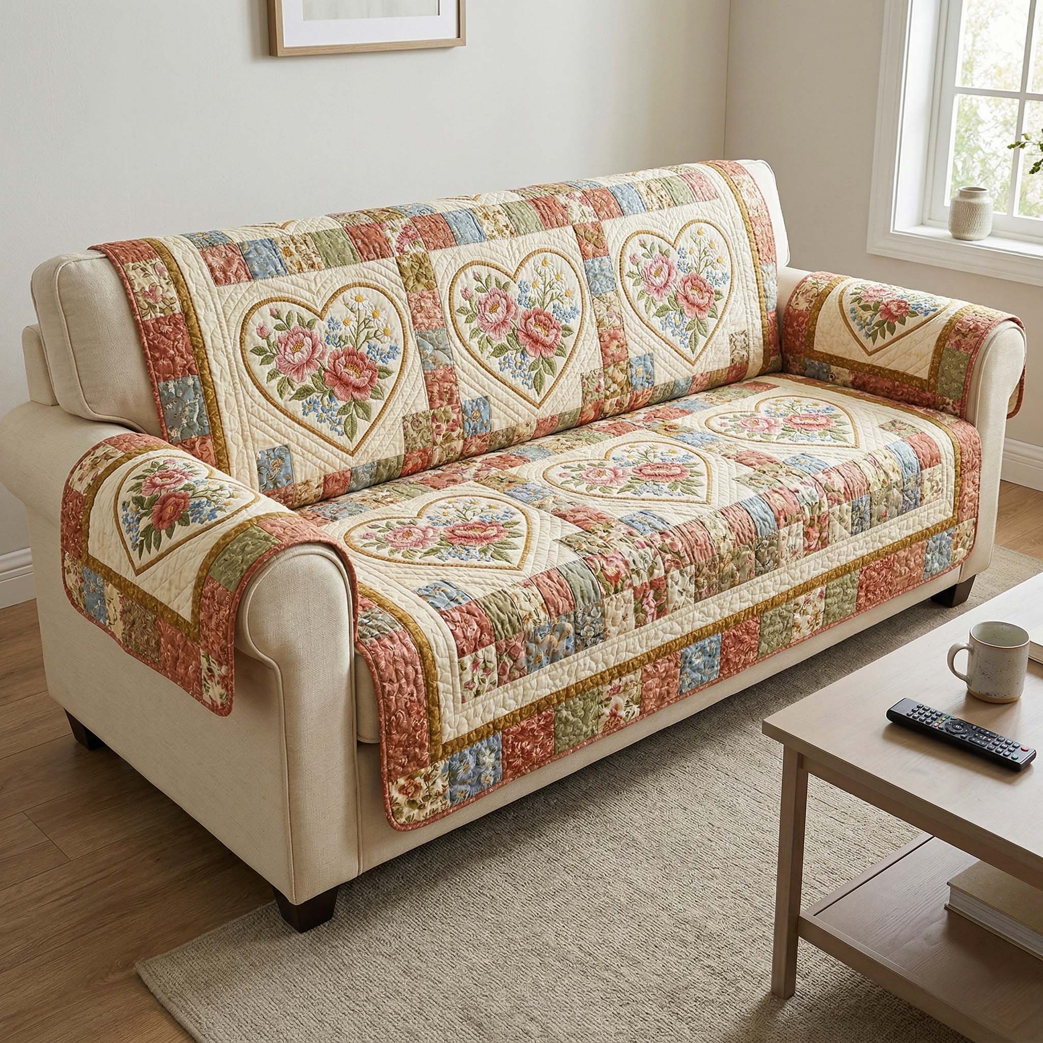Radiant Blossom Quilted Sofa Cover Floral Home Couch Cover Present For New Home - Tradiviet