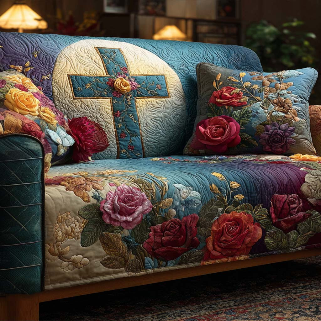 Radiant Cross Symbol Quilted Sofa Cover The Best Couch Covers Religious Christmas Gifts - Tradiviet