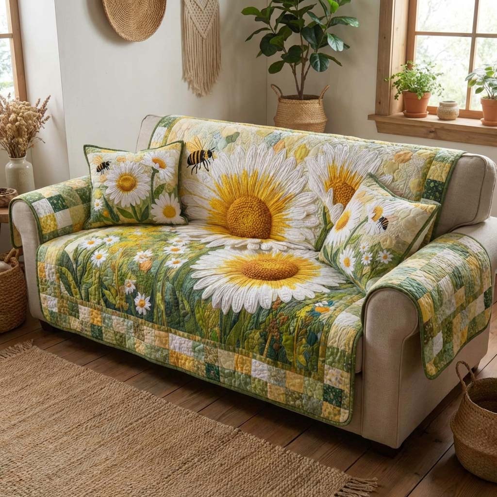 Radiant Flower Bee Quilted Sofa Cover Natural Home Room Decor Gift For Home Lover - Tradiviet