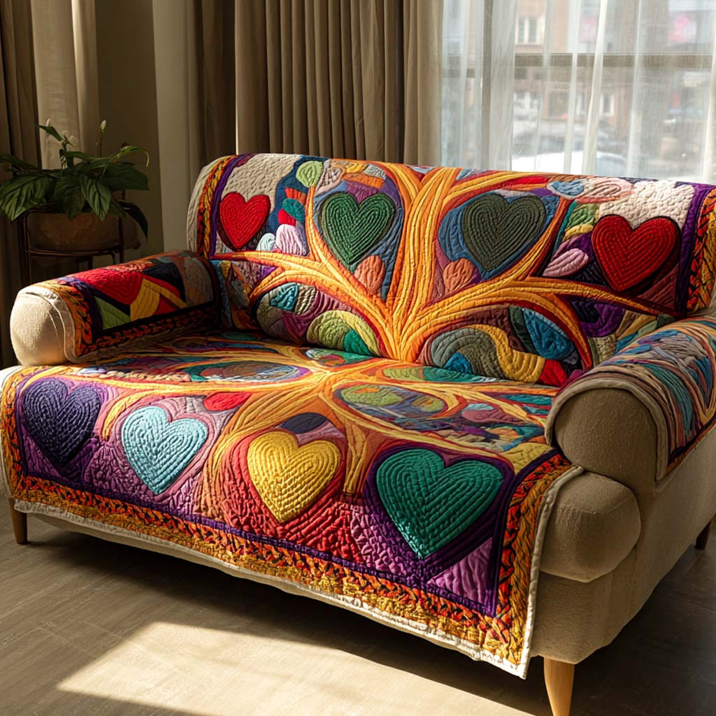 Radiant Rainbow Heart Quilted Sofa Cover Sofa Blanket Cover Valentine Day Presents For Her - Tradiviet