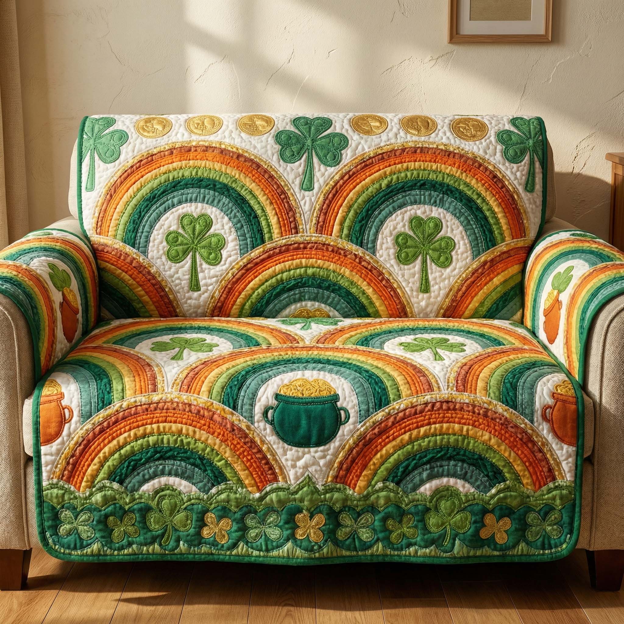 Rainbow Clover Quilted Sofa Cover Irish Home Couch Cover Bear Gifts For Her - Tradiviet