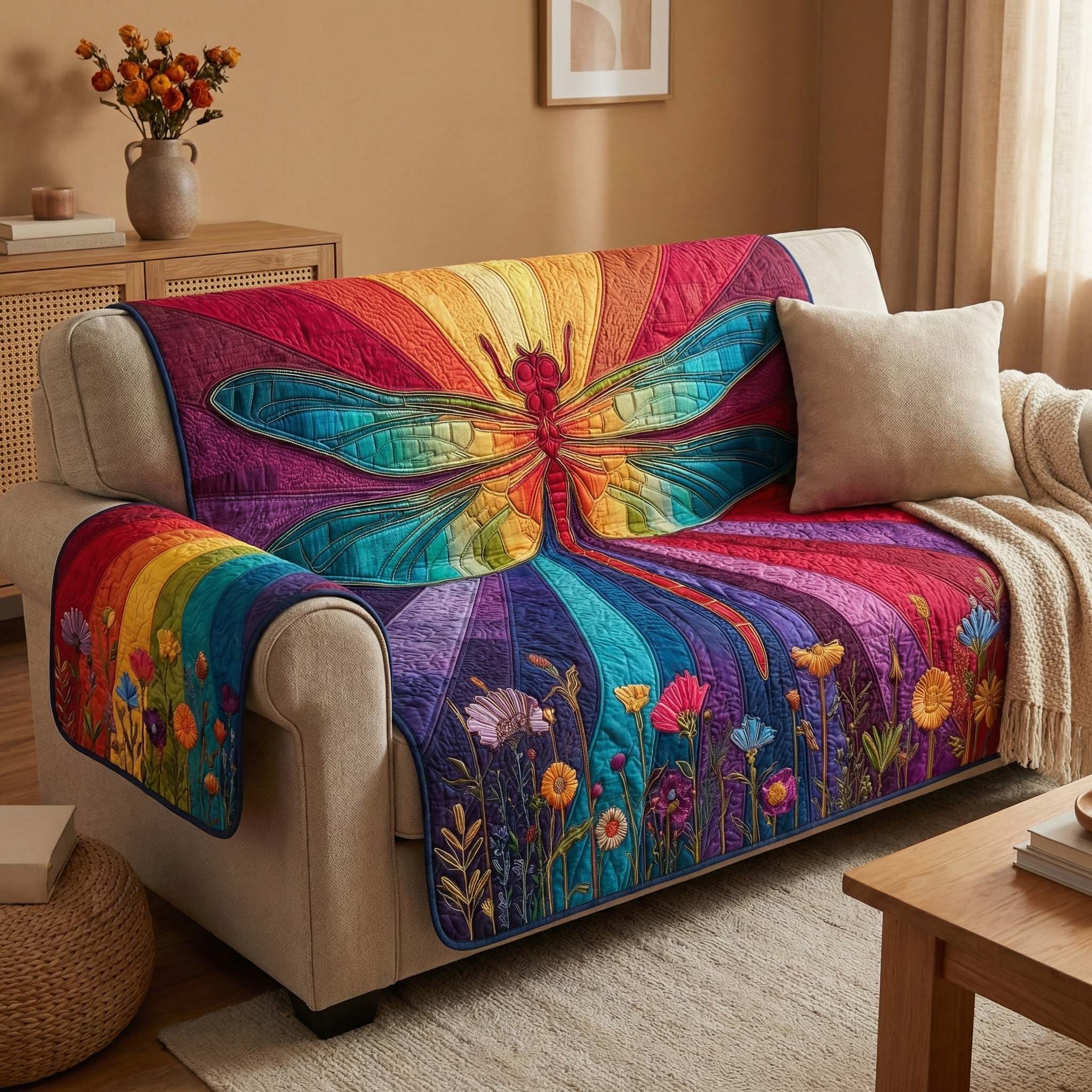 Rainbow Dragonfly Quilted Sofa Cover Butterfly Home Couch Cover Gift For Home Decor - Tradiviet