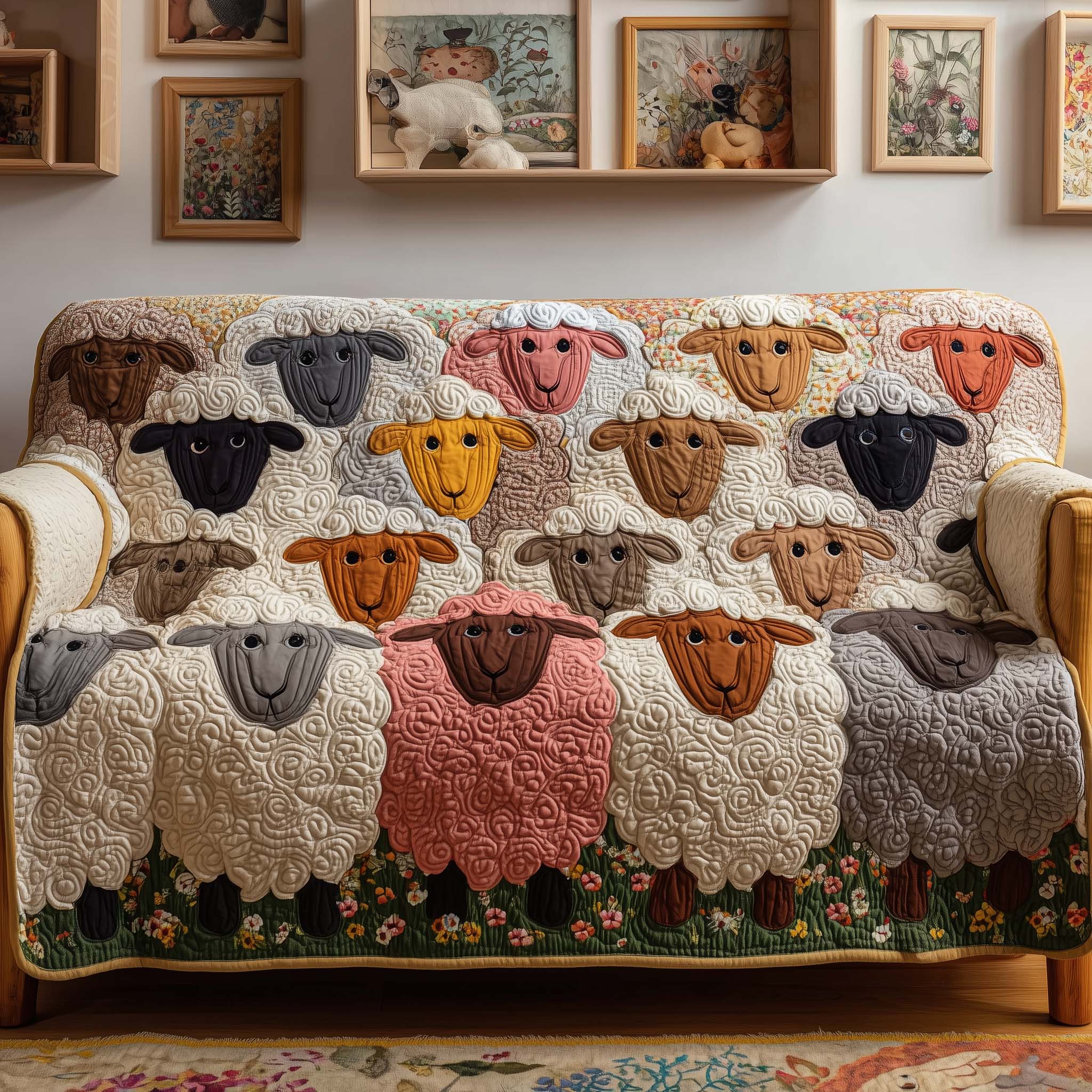 Rainbow Flock Quilted Sofa Cover Bird Home Couch Cover Room Gift For Her - Tradiviet