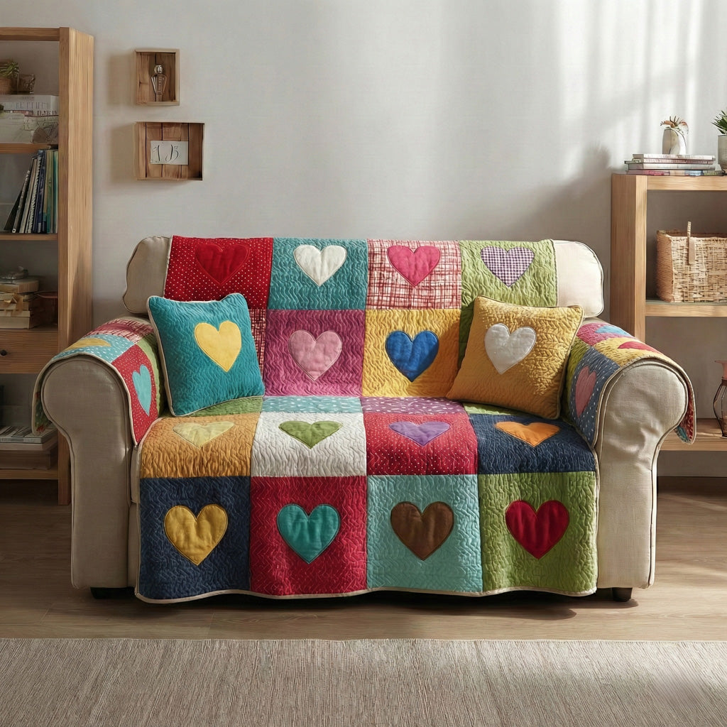 Rainbow Hearts Quilted Sofa Cover Cozy Room Decor Home Gifts For Him - Tradiviet