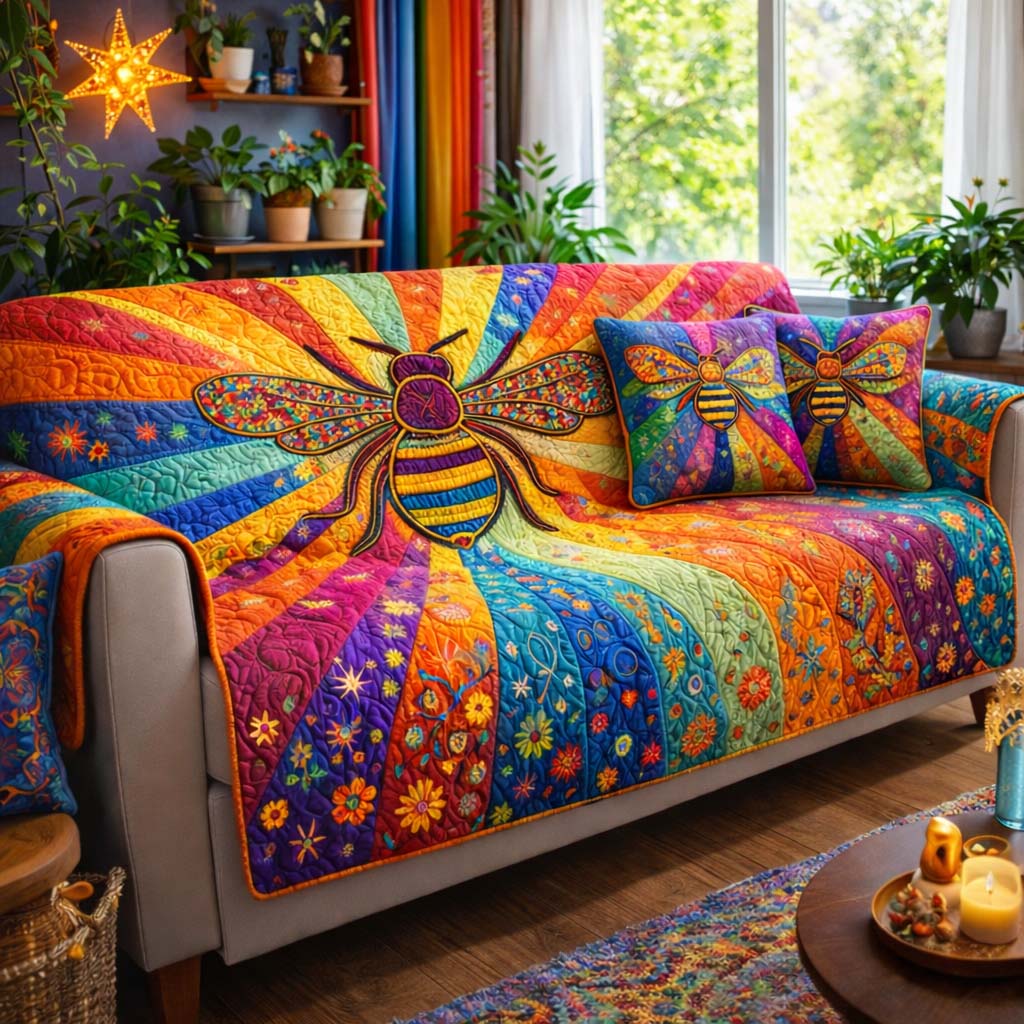 Rainbow Honeyburst Quilted Sofa Cover Cozy Home Couch Cover Trendy Room Decor Gifts - Tradiviet