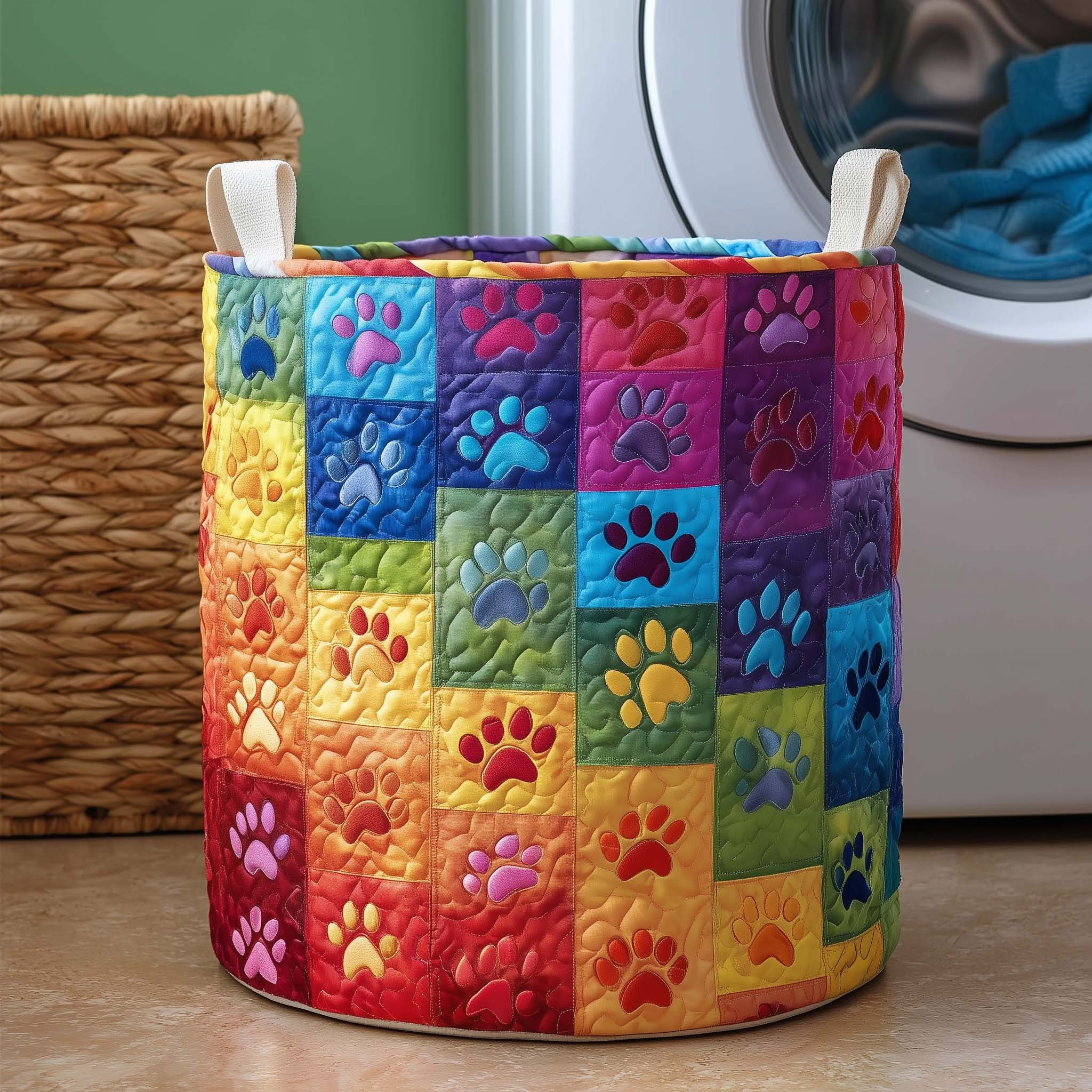 Rainbow Paws Quilted Laundry Basket Cute Storage Basket Present For Dog Lovers - Tradiviet