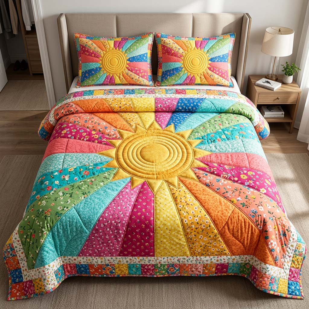 Rainbow Sun Quilted Bedding Set Rainbow Sun Nook Gift For Rainbow Sun - Tradiviet