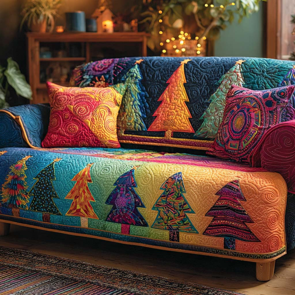 Rainbow Tree Lane Quilted Sofa Cover Holiday Living Decorations Family Xmas Ideas - Tradiviet