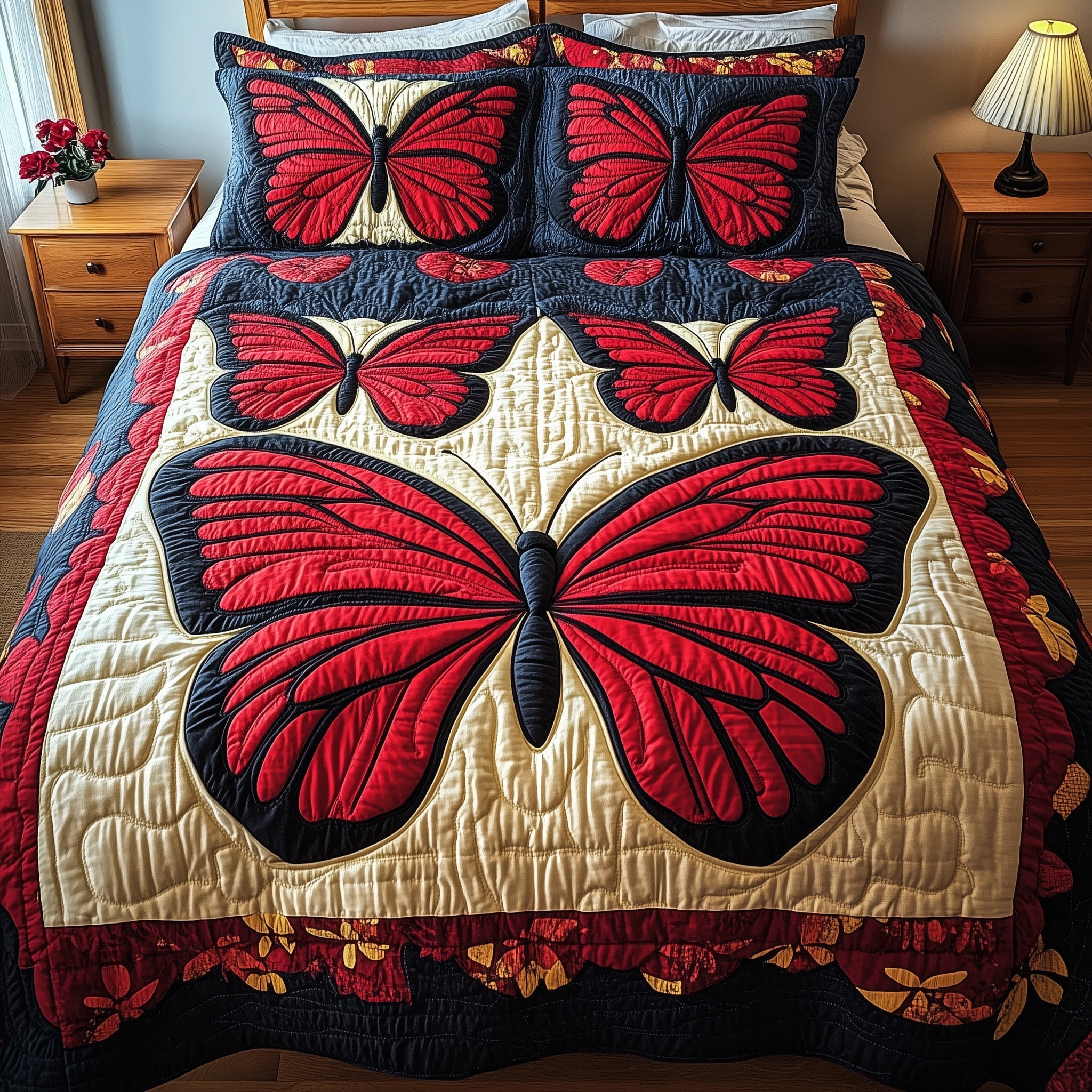 Red Butterfly Quilted Bedding Set Red Butterfly Backdrop Gift For Butterfly - Tradiviet