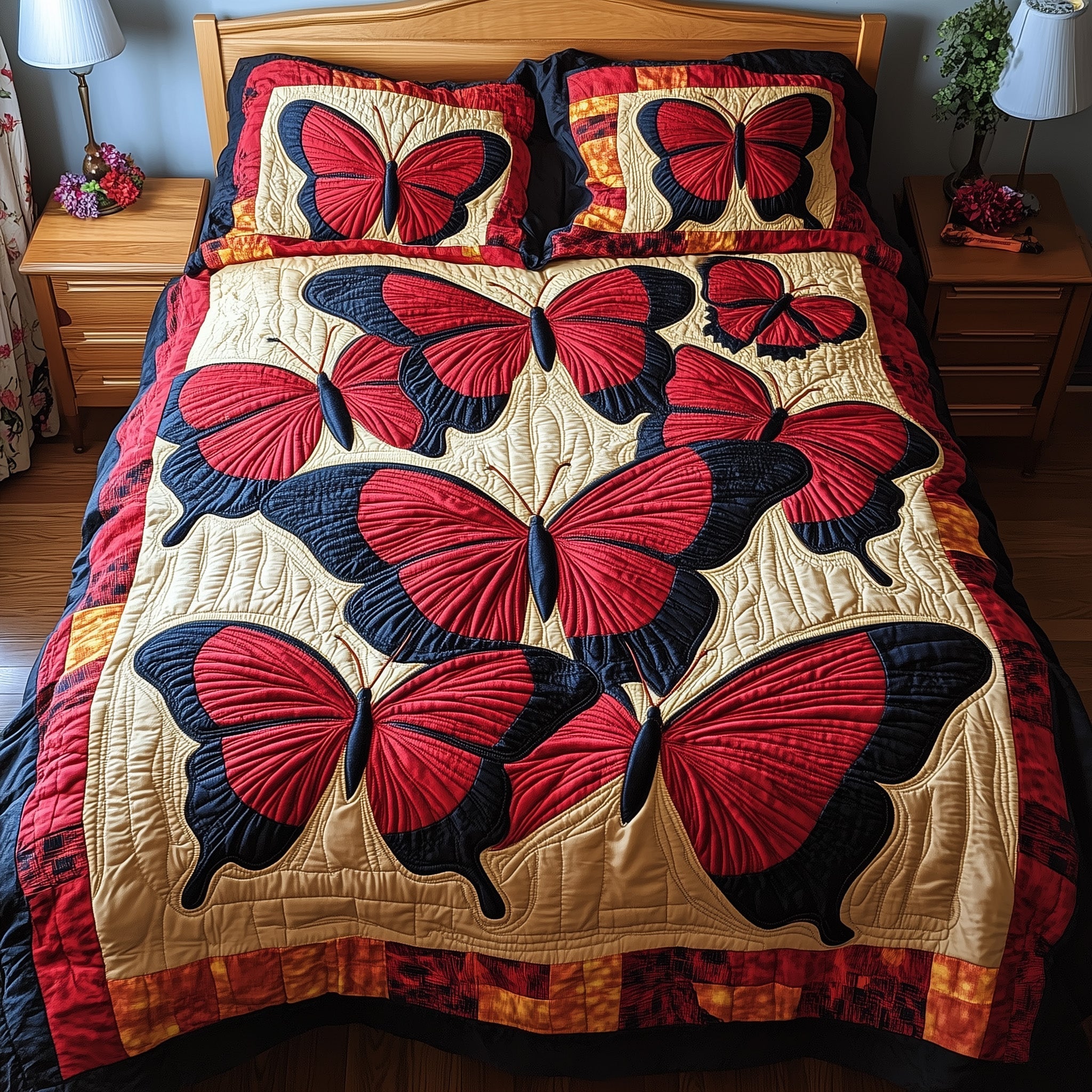 Red Butterfly Quilted Bedding Set Red Butterfly Fabric Gift For Red Lovers - Tradiviet
