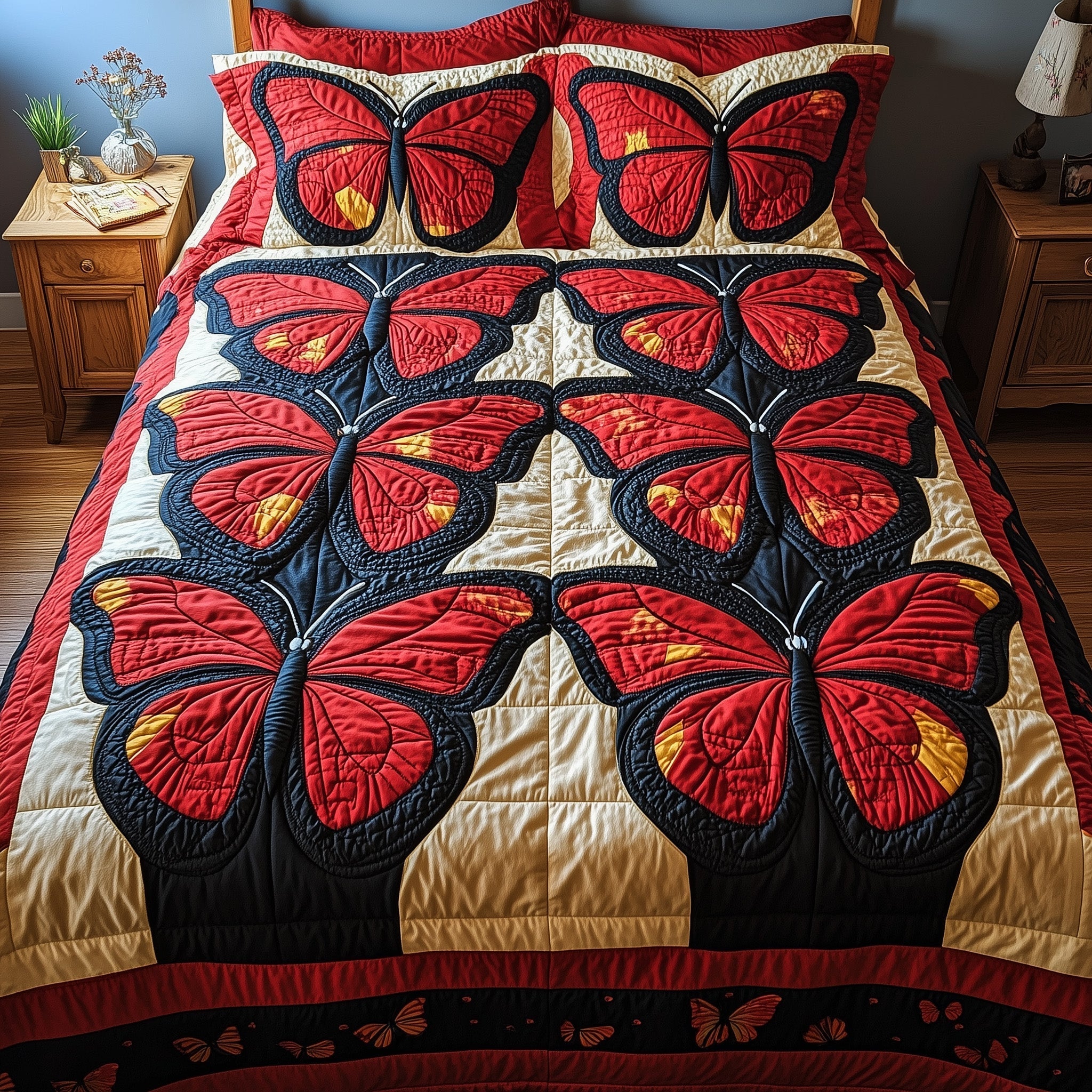 Red Butterfly Quilted Bedding Set Red Butterfly Houseware Gift For Butterfly Lovers - Tradiviet