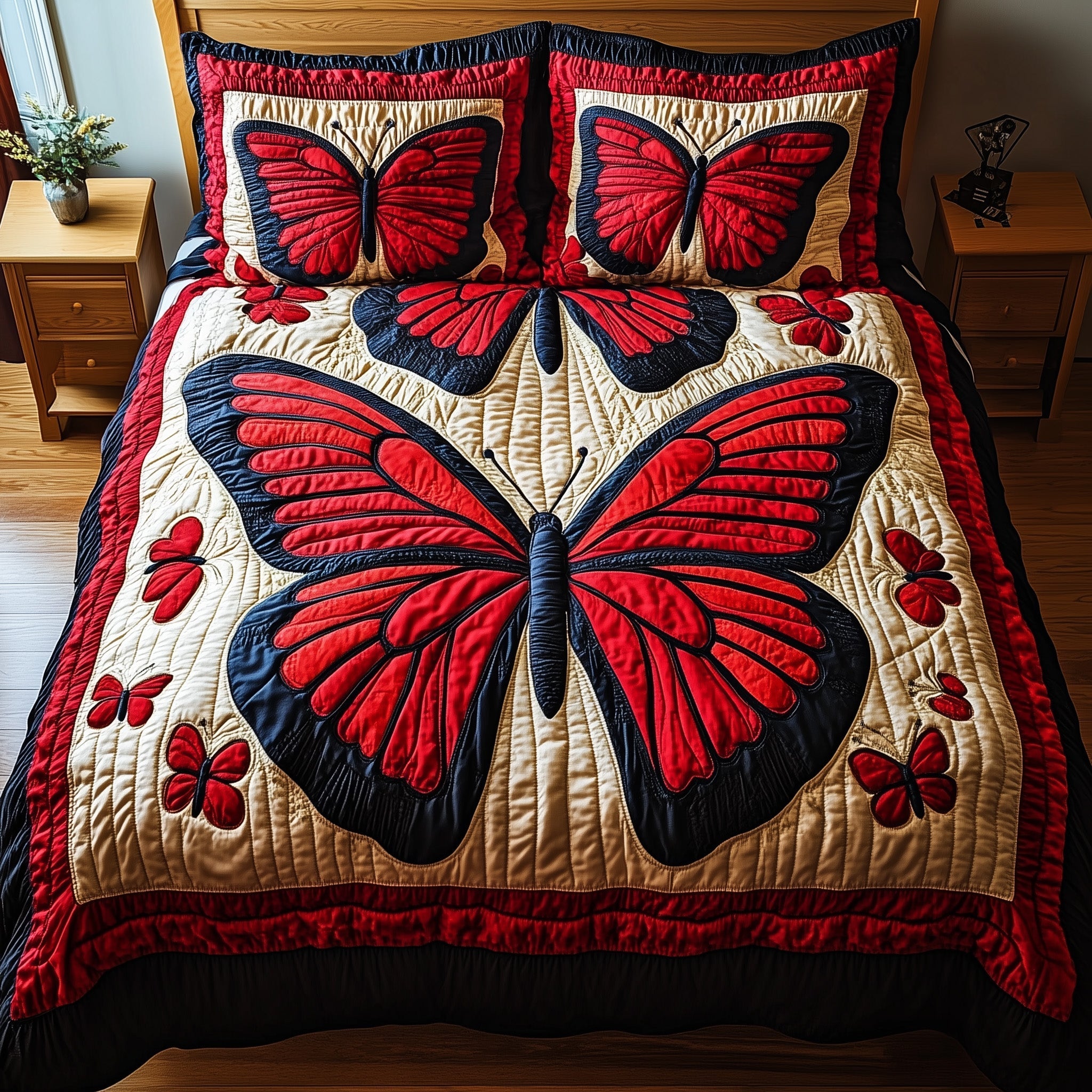 Red Butterfly Quilted Bedding Set Red Butterfly Nautical Gift For Butterfly Fans - Tradiviet