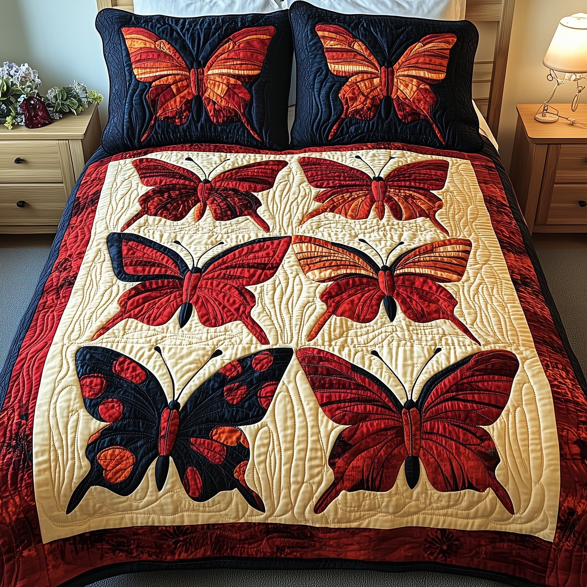 Red Butterfly Quilted Bedding Set Red Butterfly Peace Gift For Red Butterfly - Tradiviet