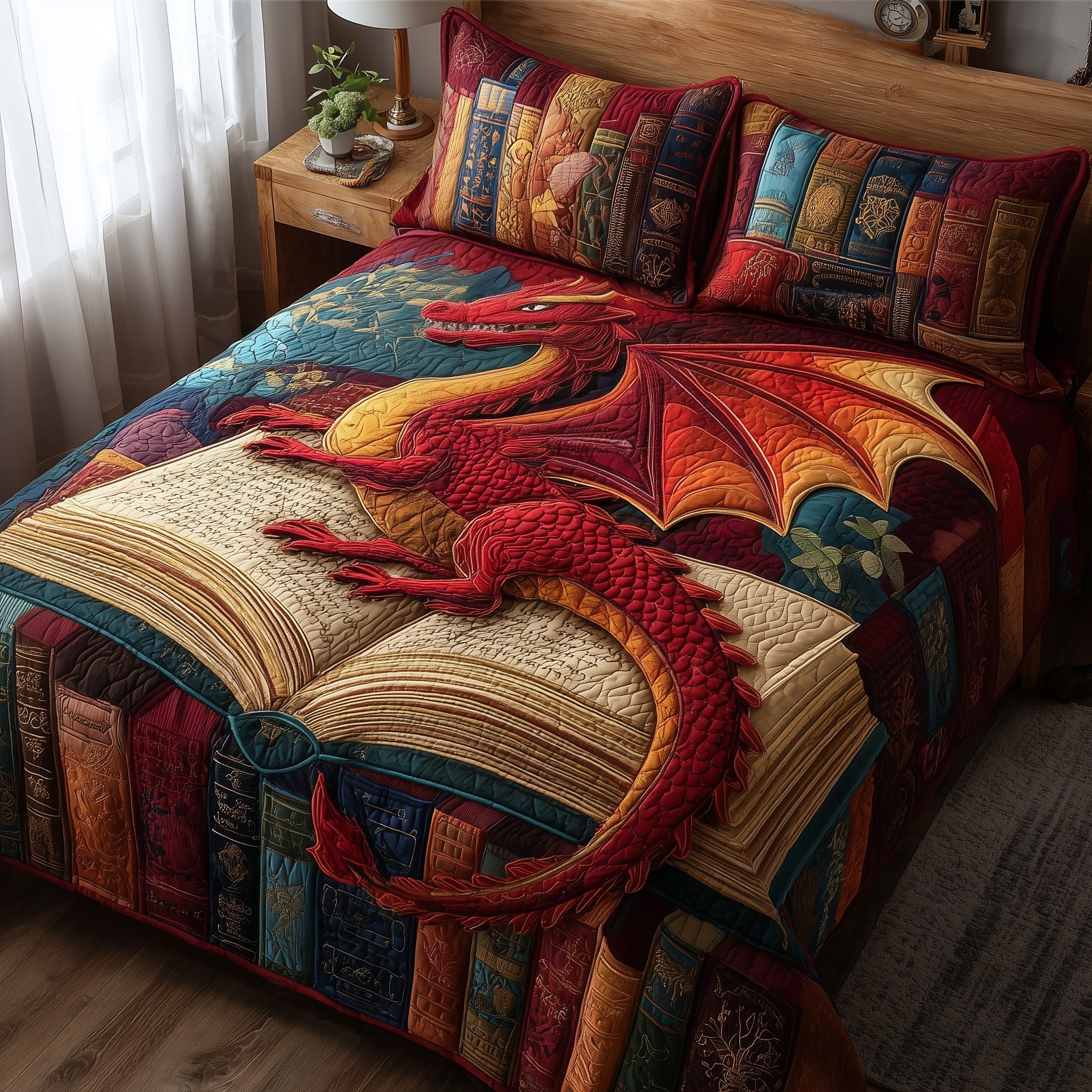 Red Dragon Quilted Bedding Set Red Dragon Bohemian Gift For Red Dragon - Tradiviet