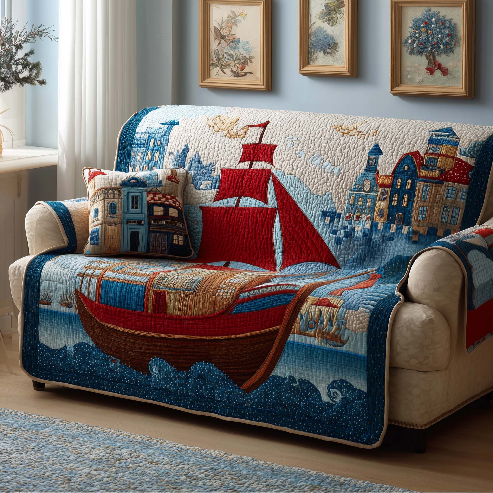 Red Harbor Quilted Sofa Cover Coastal Home Couch Cover Gifts For New Homes - Tradiviet