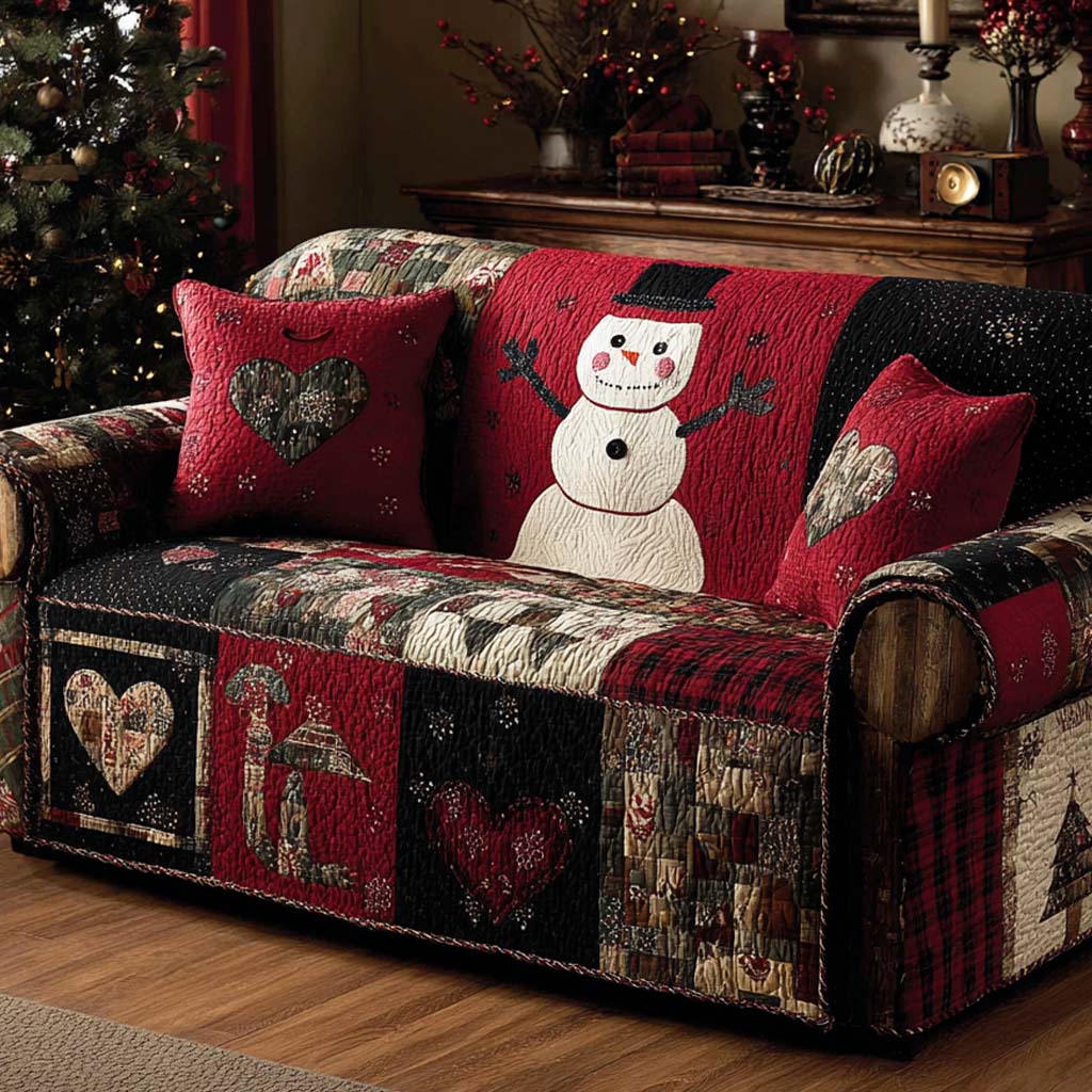Red Heart Snowman Quilted Sofa Cover Christmas Decorations Indoor Family Xmas Ideas - Tradiviet