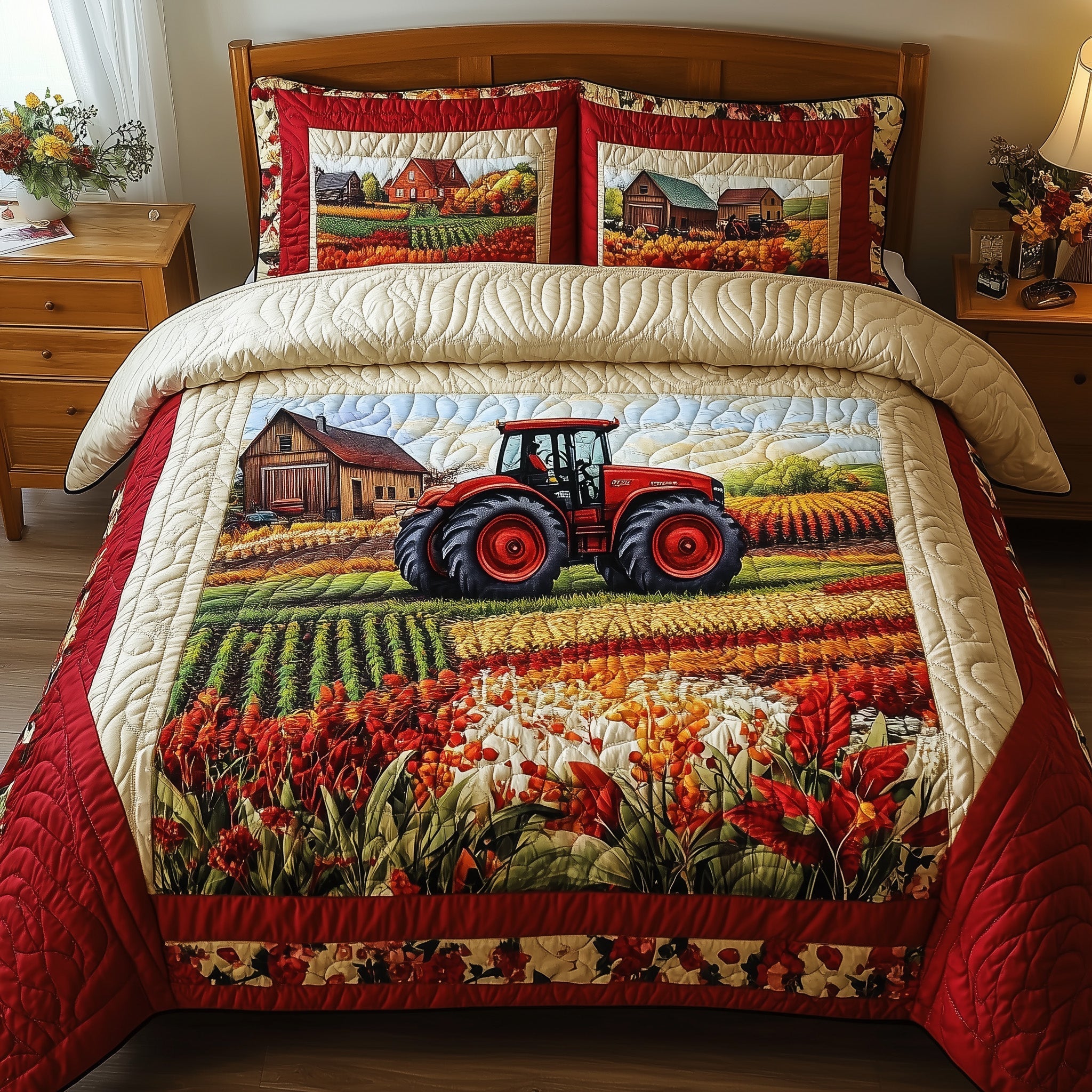 Red Tractor Quilted Bedding Set Red Tractor Appeal Gift For Red Tractor - Tradiviet