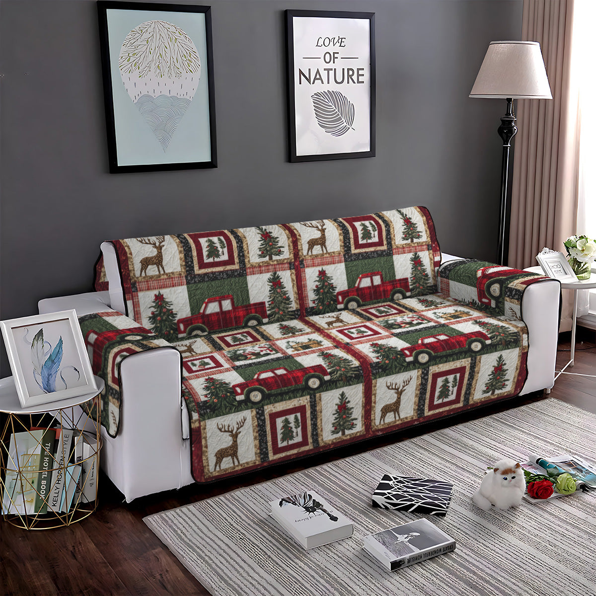 Red Truck Adventure Quilted Sofa Cover Modern Room Decor House Lover Gift Ideas - Tradiviet