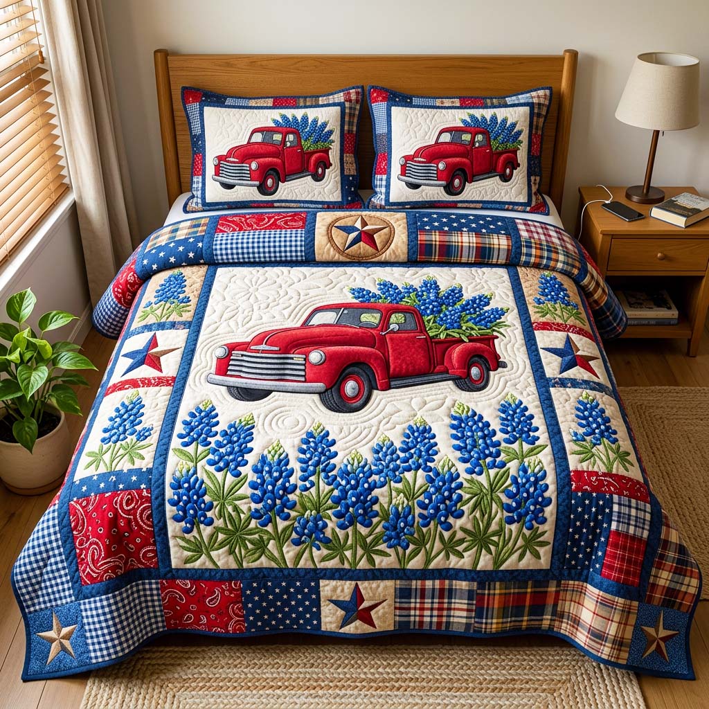 Red Truck Bluebonnet Quilted Bedding Set Red Truck Accent Gift For Red Truck - Tradiviet