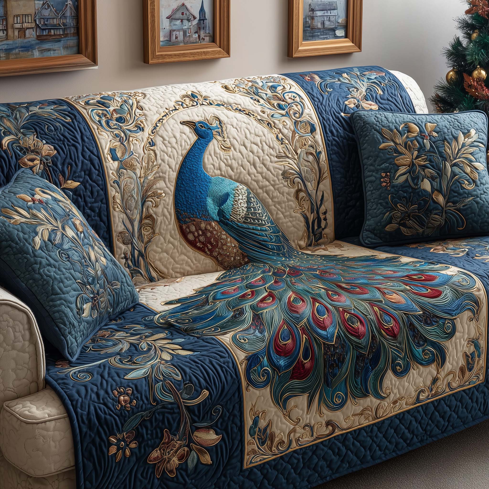 Regal Peacock Quilted Sofa Cover Vintage Home Couch Cover Gift For New Home - Tradiviet