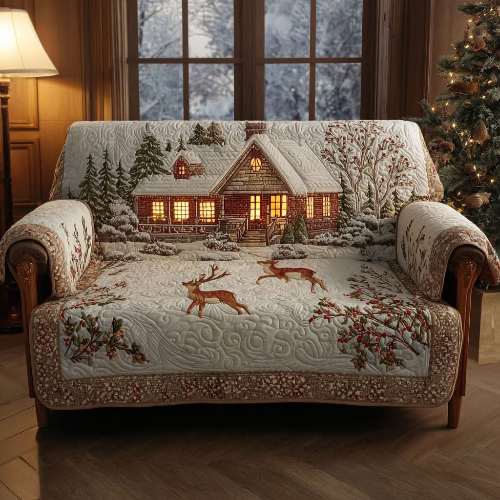 Reindeer Lodge Quilted Sofa Cover Christmas Couch Covers Xmas Gifts 2025 - Tradiviet