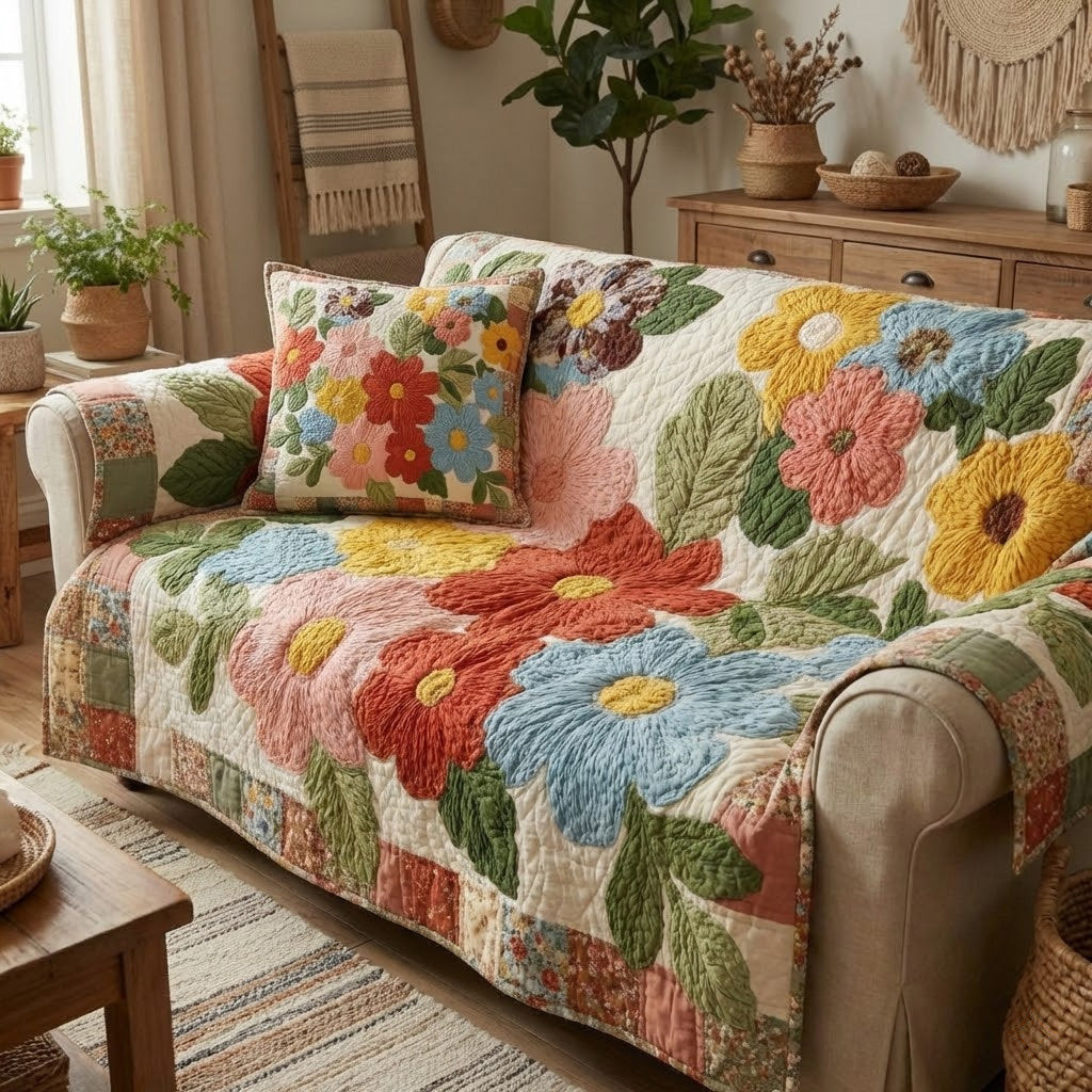 Retro Daisy Quilted Sofa Cover Large Couch Cover Hippy Gifts For Him - Tradiviet