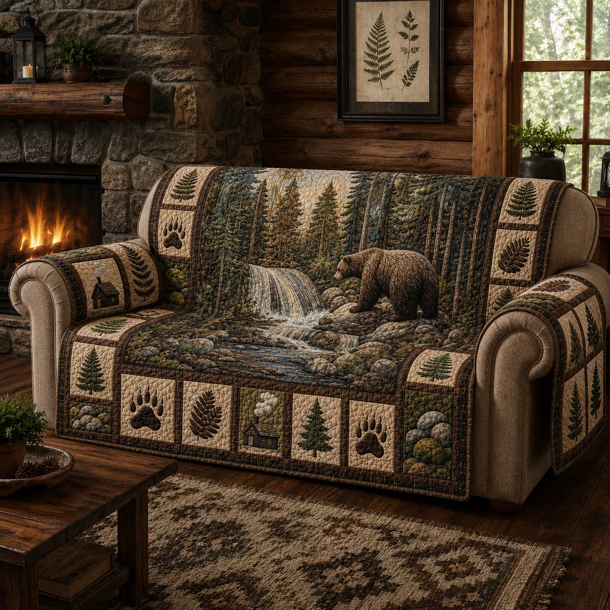 River Bear Quilted Sofa Cover Natural Room Decor Presents For Bear Lovers - Tradiviet