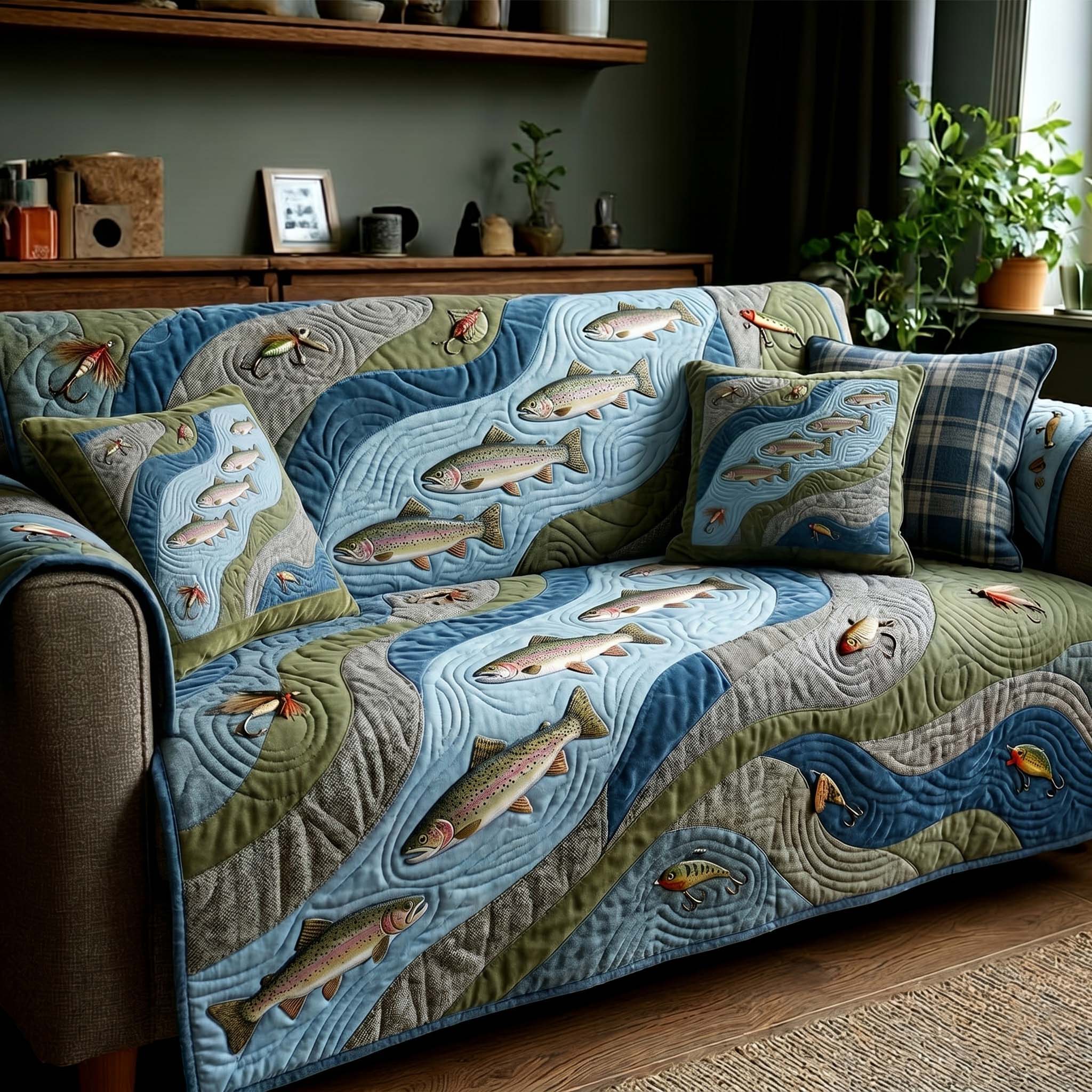 River Drift Quilted Sofa Cover Lakeside Home Couch Cover Best Room Decor Gifts - Tradiviet
