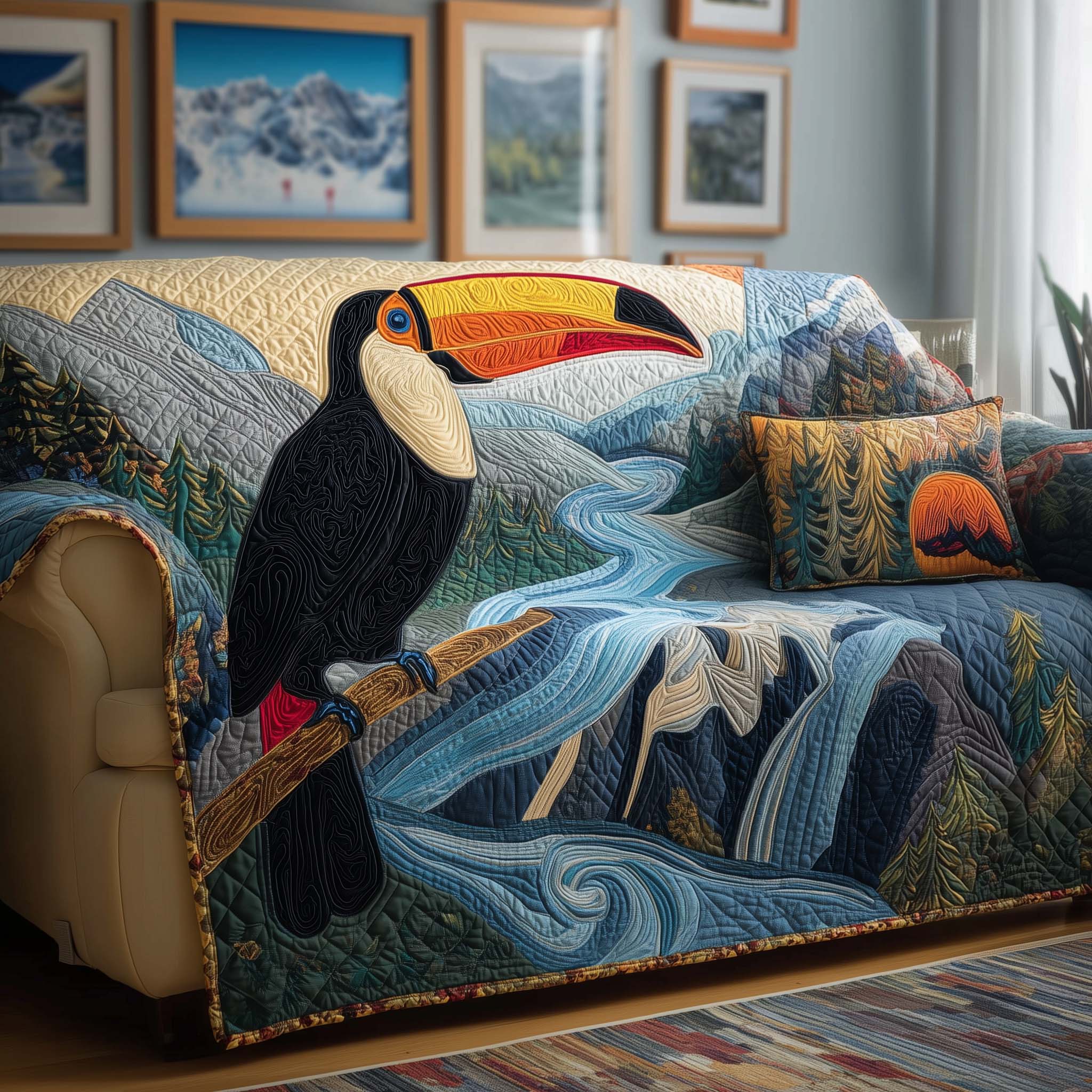 River Toucan Quilted Sofa Cover Bird Home Couch Cover Cool Room Decor Gifts - Tradiviet
