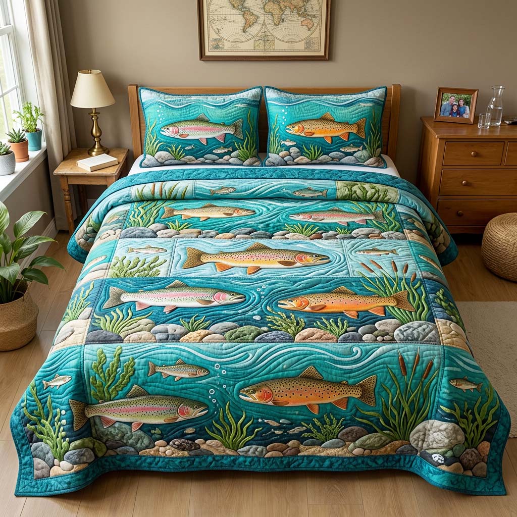 River Trout Quilted Bedding Set River Trout Paradise Gift For River - Tradiviet
