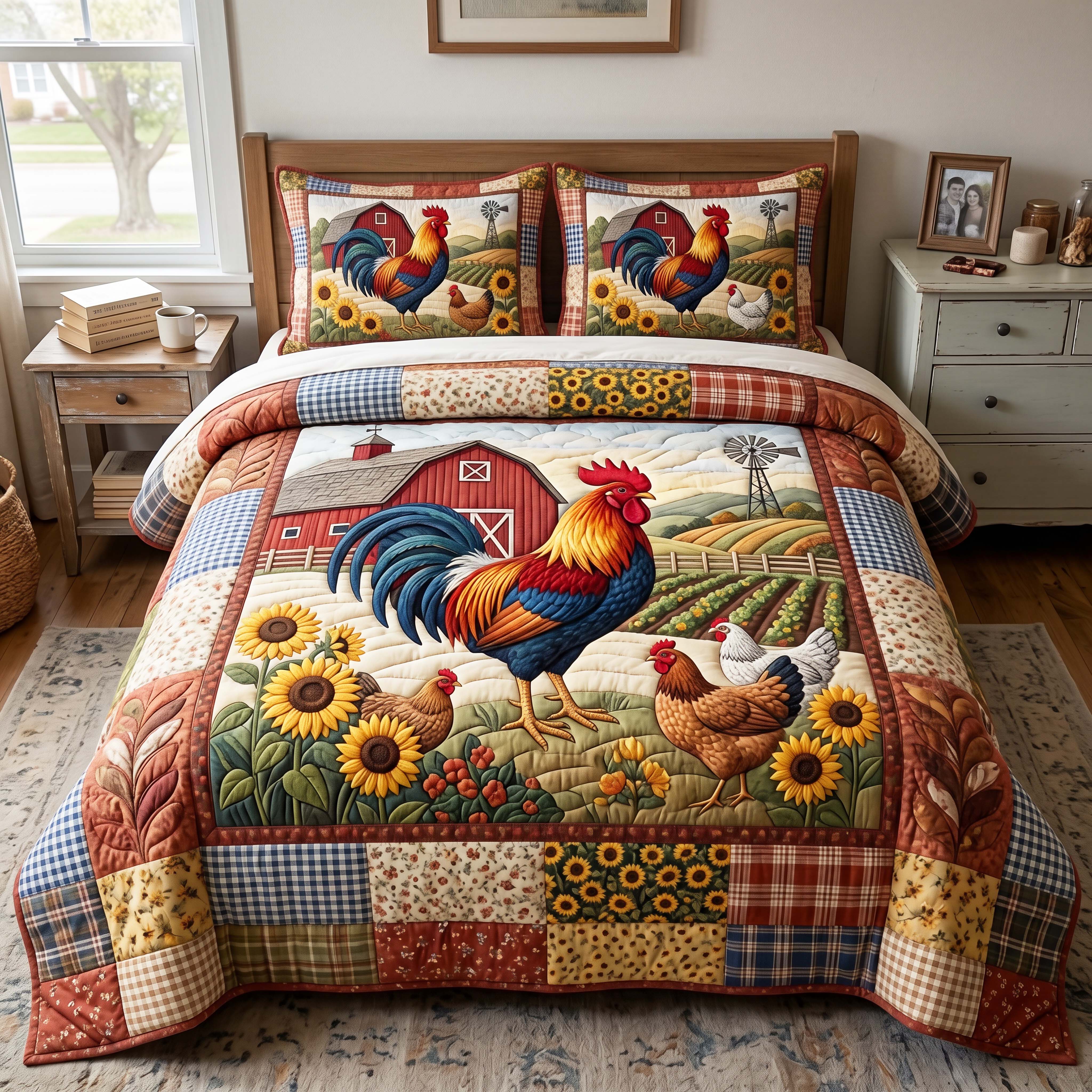 Rooster Harvest Quilted Bedding Set Rooster Harvest Whimsical Gift For Rooster Harvest - Tradiviet