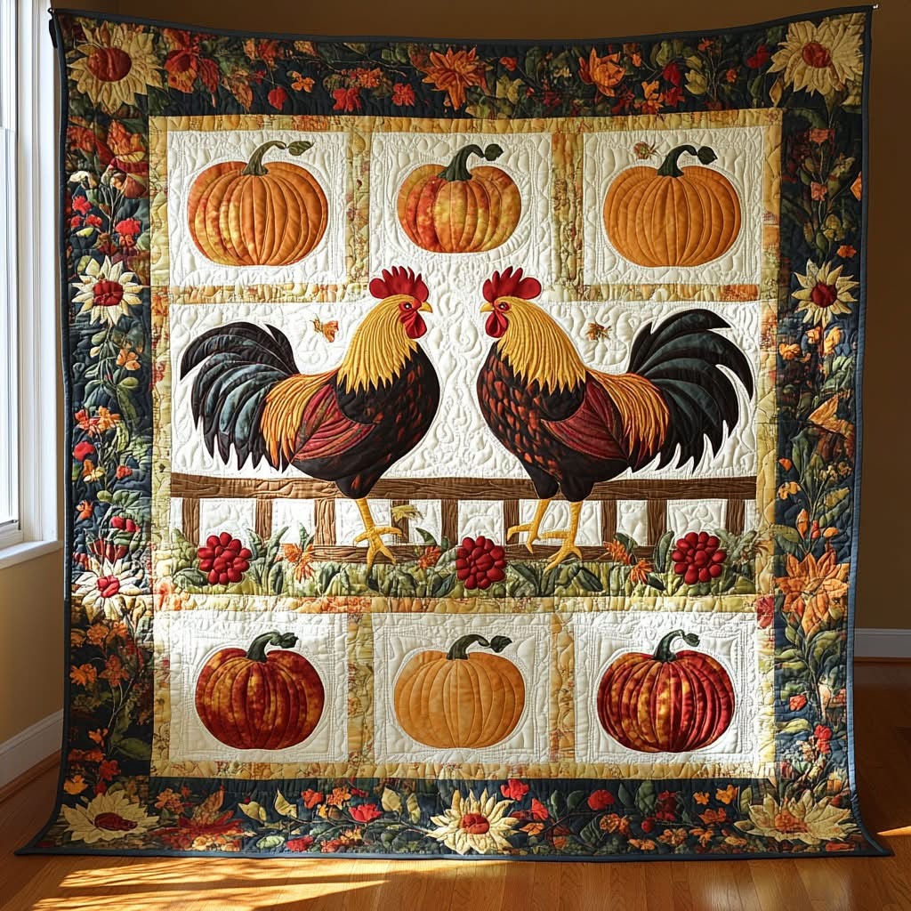 Roosters Pumpkin Patch Fall Quilt Blanket Colorful Chicken Merch Rooster Gifts For Him Her - Tradiviet