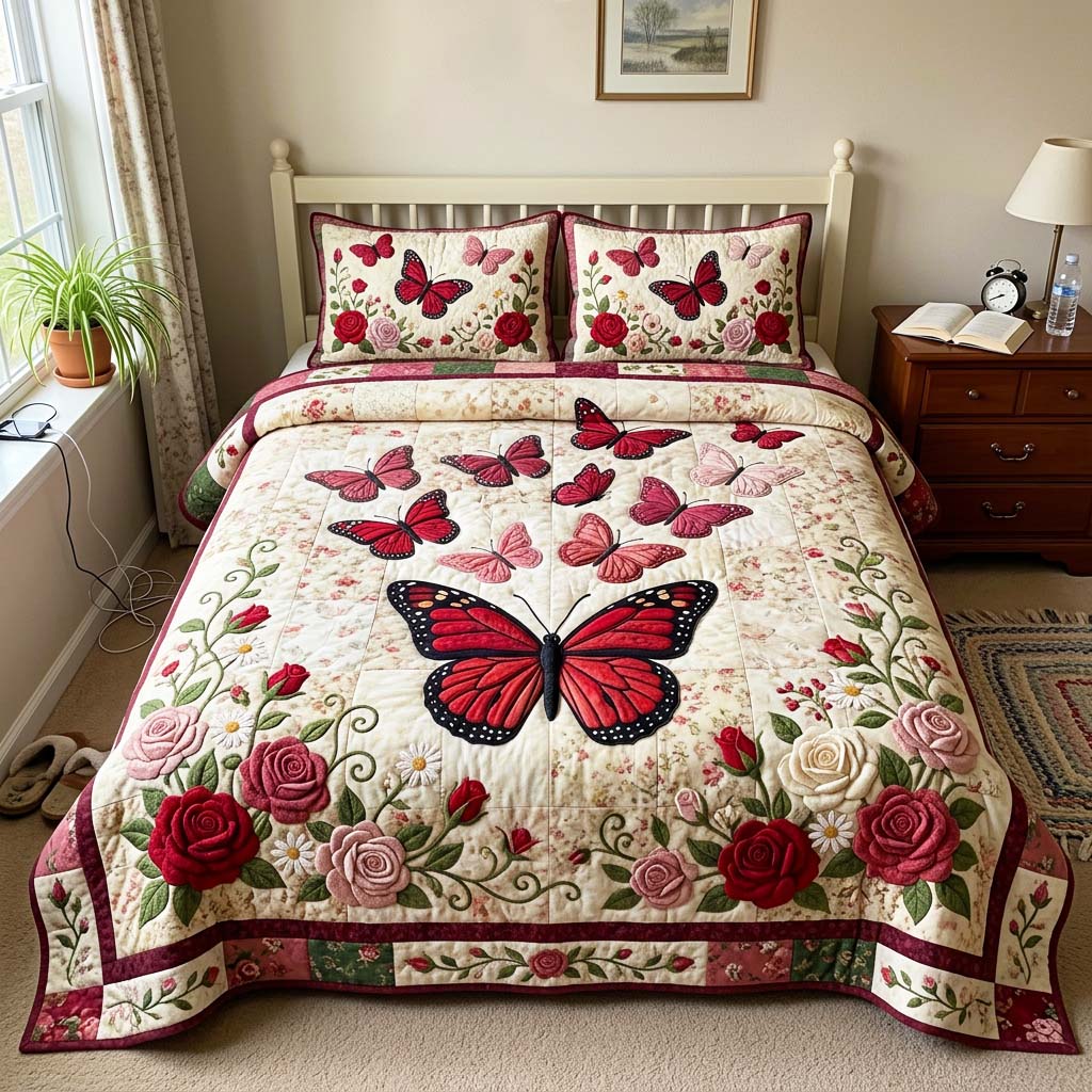 Rose Butterfly Quilted Bedding Set Rose Butterfly Atmosphere Gift For Rose Butterfly - Tradiviet