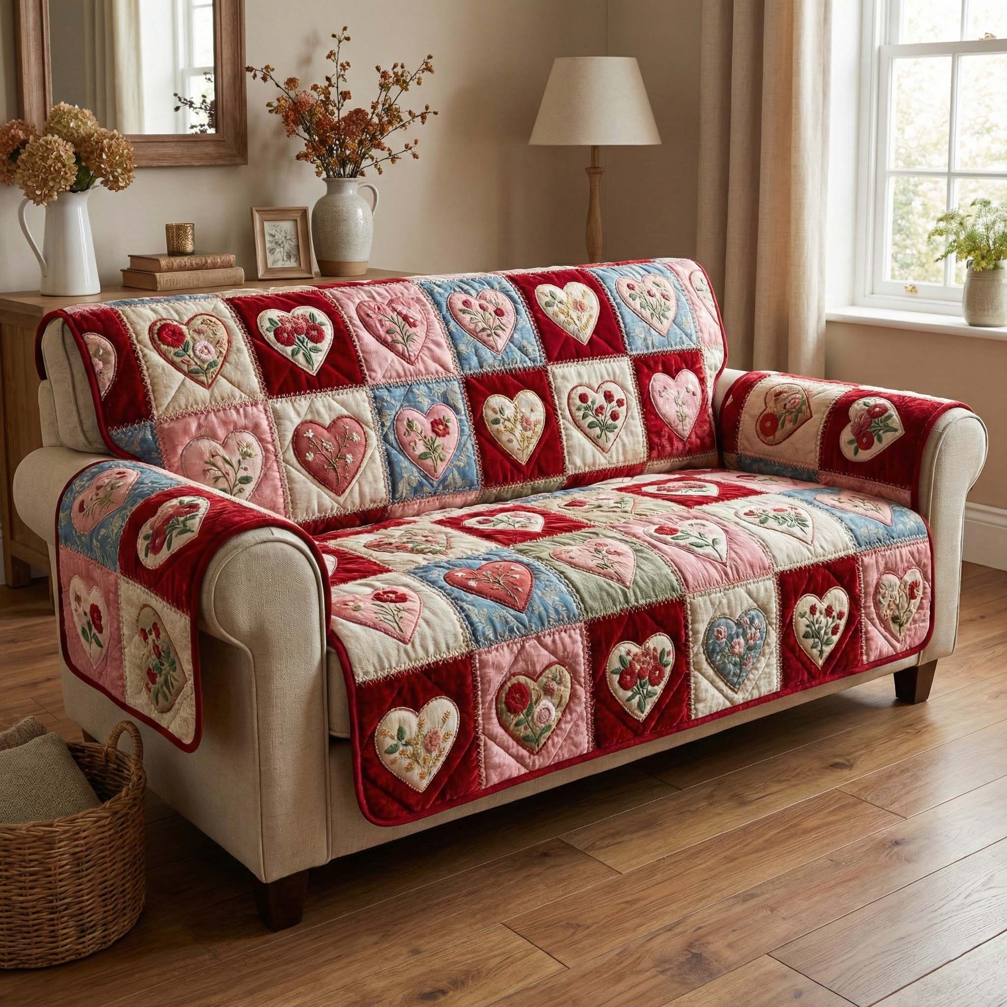 Rose Hearts Quilted Sofa Cover Floral Home Couch Cover New Home Gift Ideas - Tradiviet