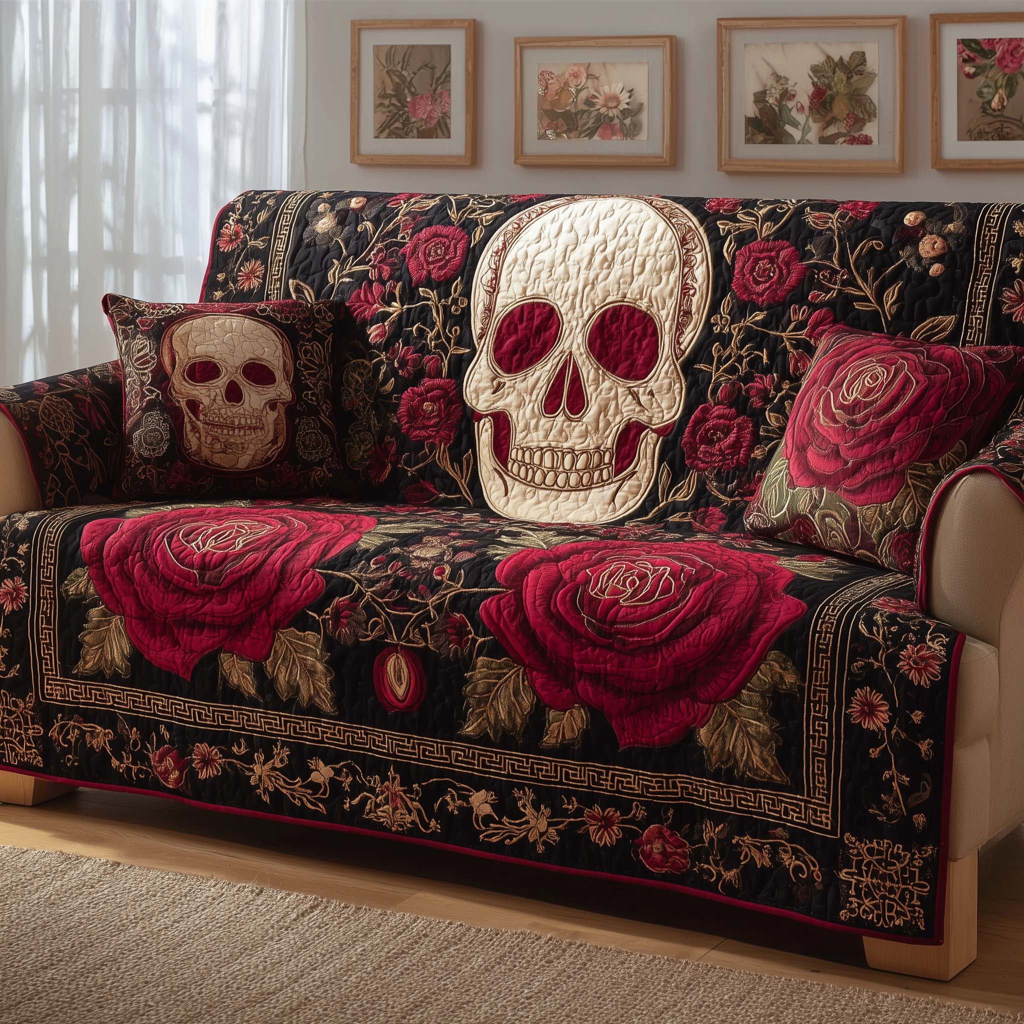 Rose Skull Quilted Sofa Cover Wildlife Home Couch Cover Cute Room Decor Gifts - Tradiviet