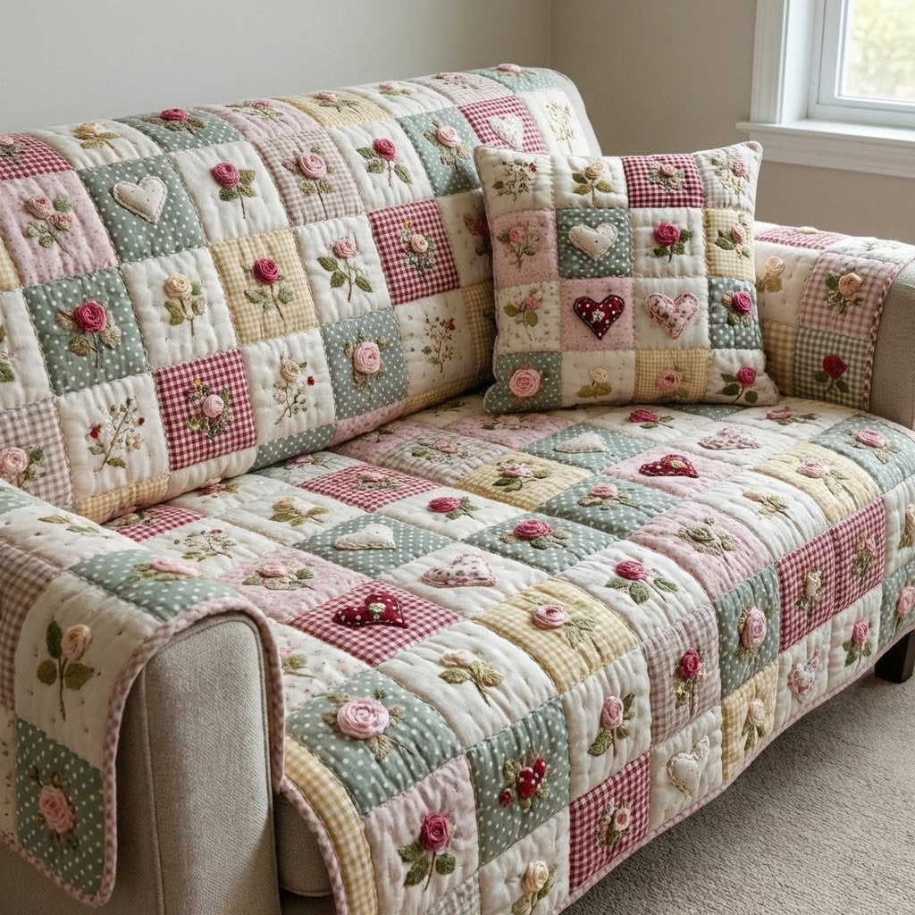 Rose Whispers Quilted Sofa Cover Sofa Protector Cover Sunflower Gift Items - Tradiviet