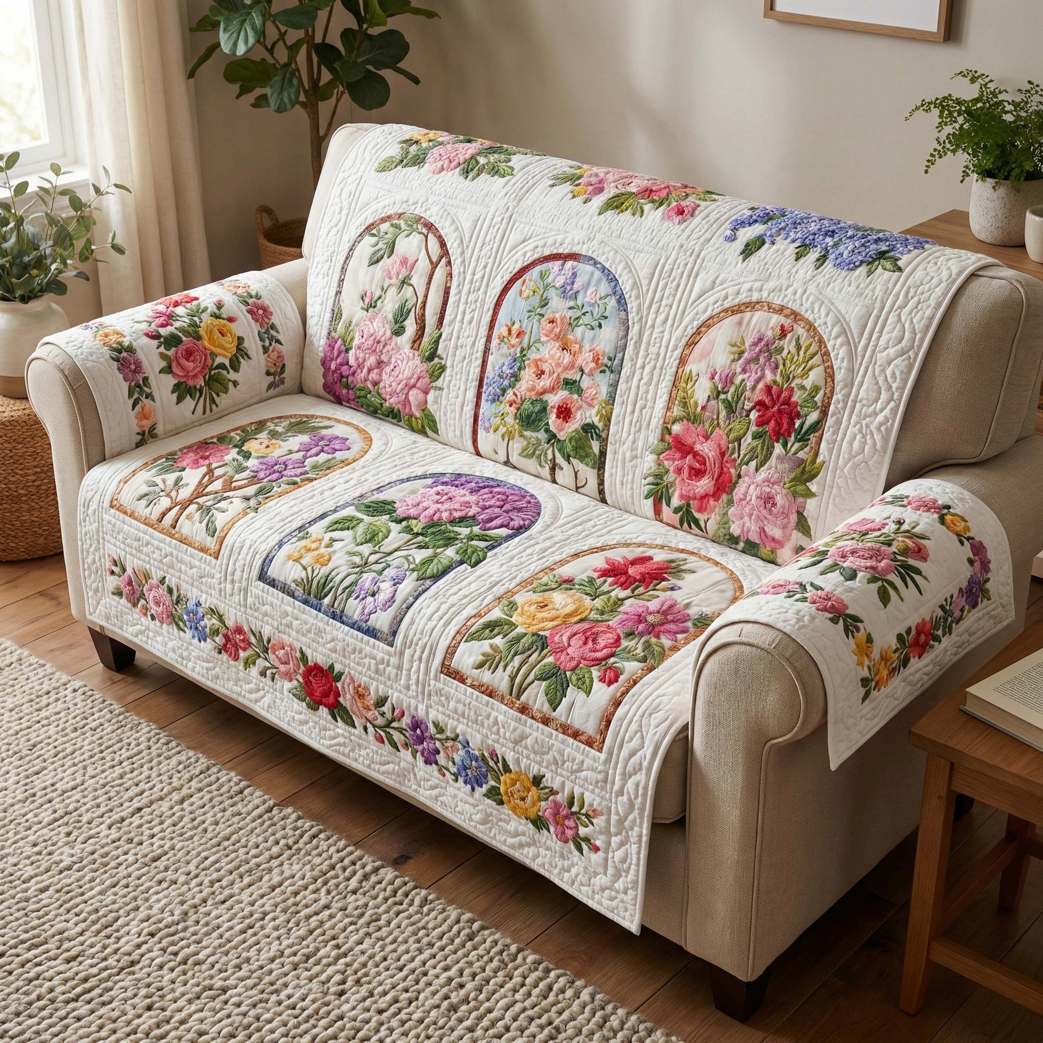 Rose Window Garden Quilted Sofa Cover Floral Home Couch Cover Gift For Home Decorators - Tradiviet