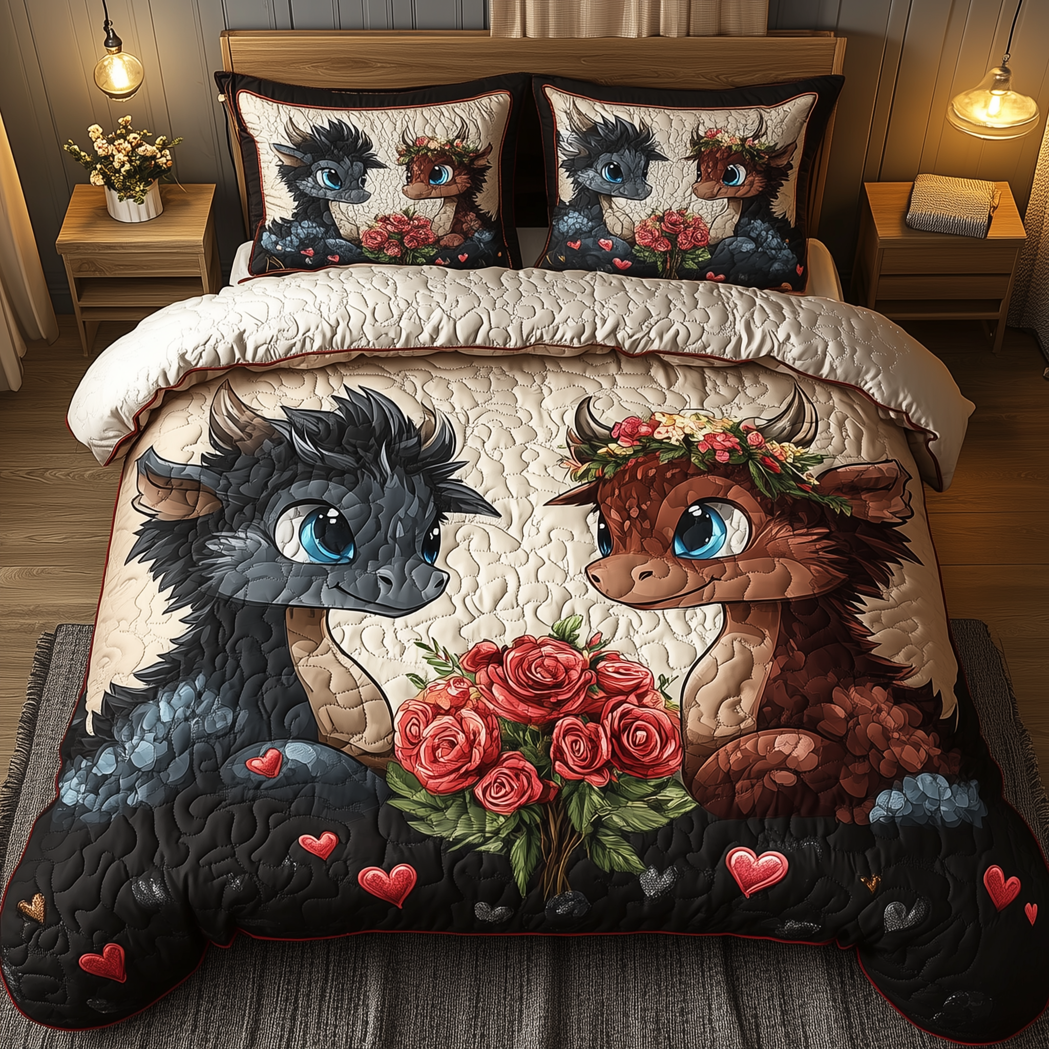 Rosebound Dragon Pair Quilted Bedding Set Rosebound Dragon Backdrop Gift Ideas - Tradiviet