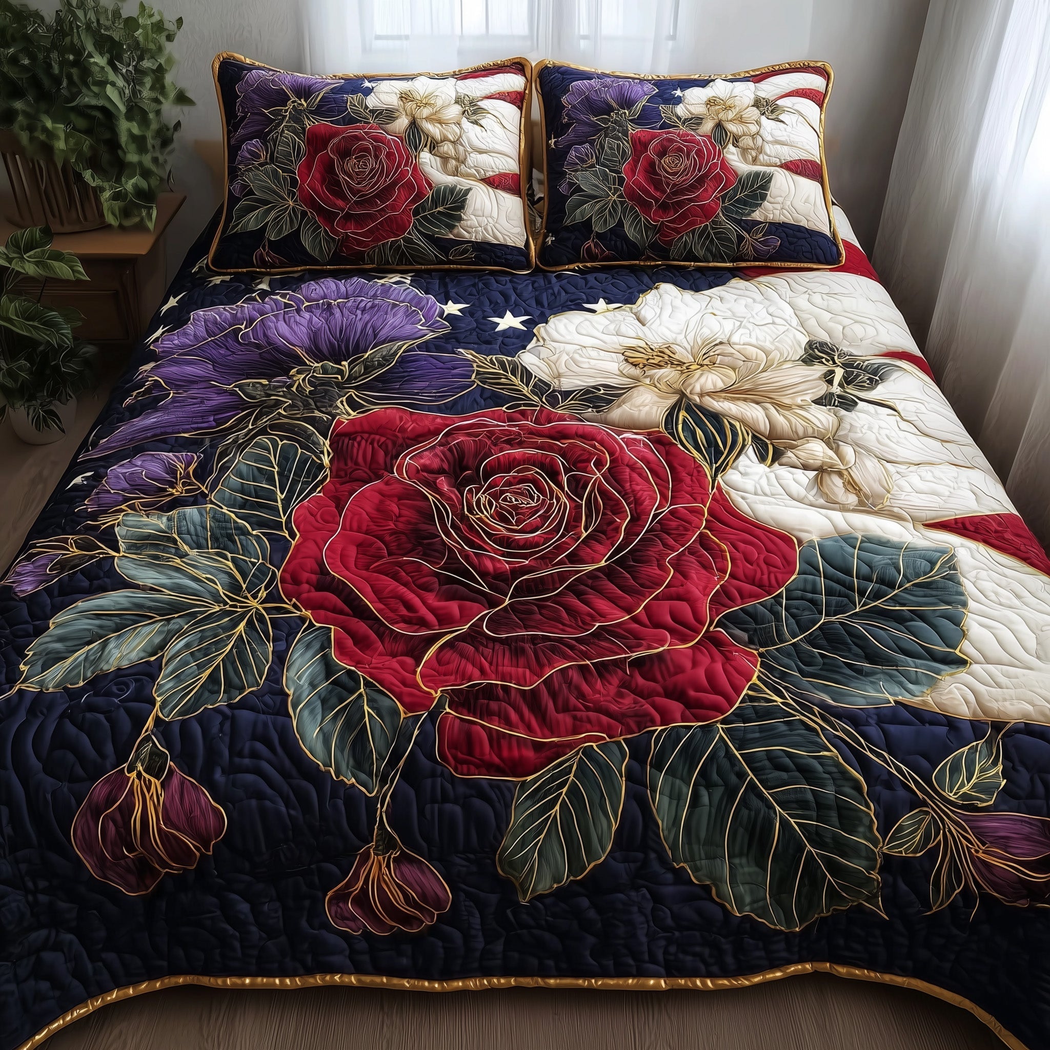 Roses Quilted Bedding Set Roses Home Bedroomware Gift For Roses - Tradiviet