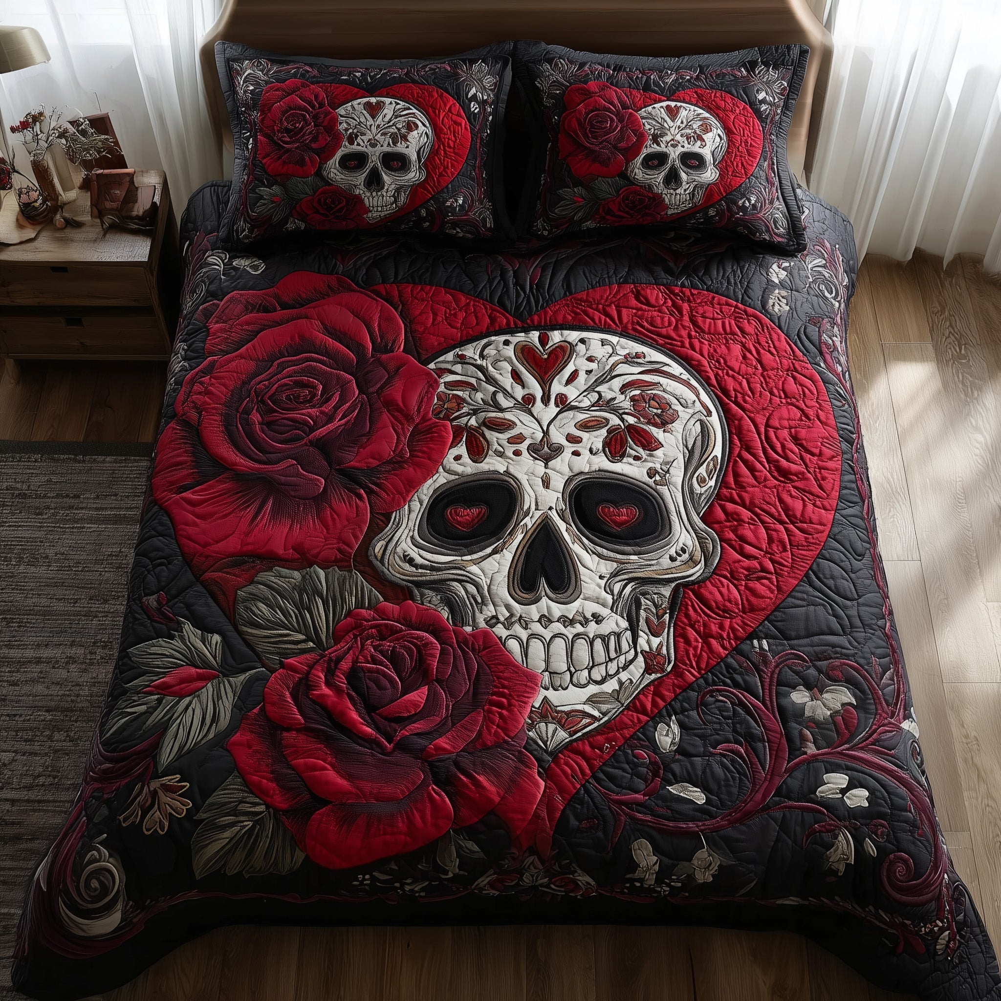 Roses Sugar Skull Quilted Bedding Set Roses Sugar Forest Gift For Roses Sugar - Tradiviet