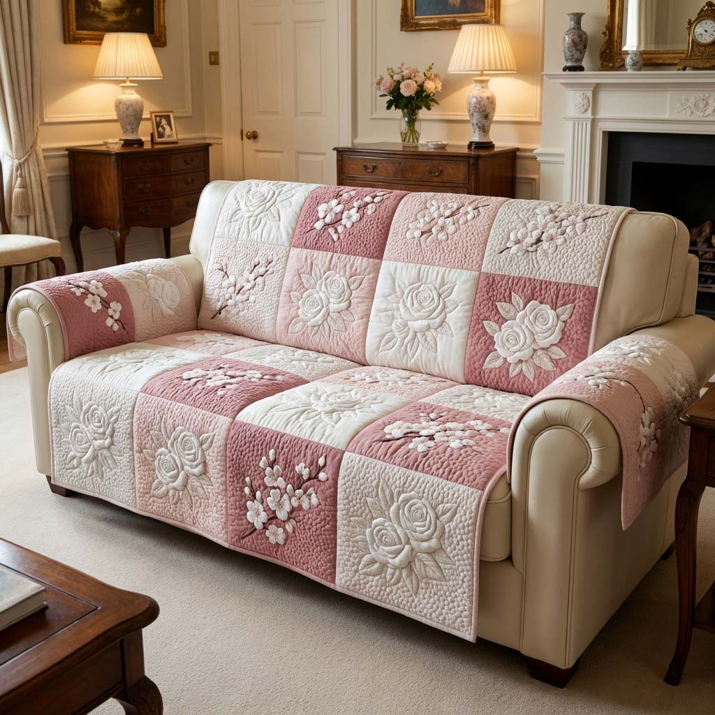 Rosy Flower Quilted Sofa Cover Simple Home Room Decor Perfect Housewarming Gift Ideas - Tradiviet